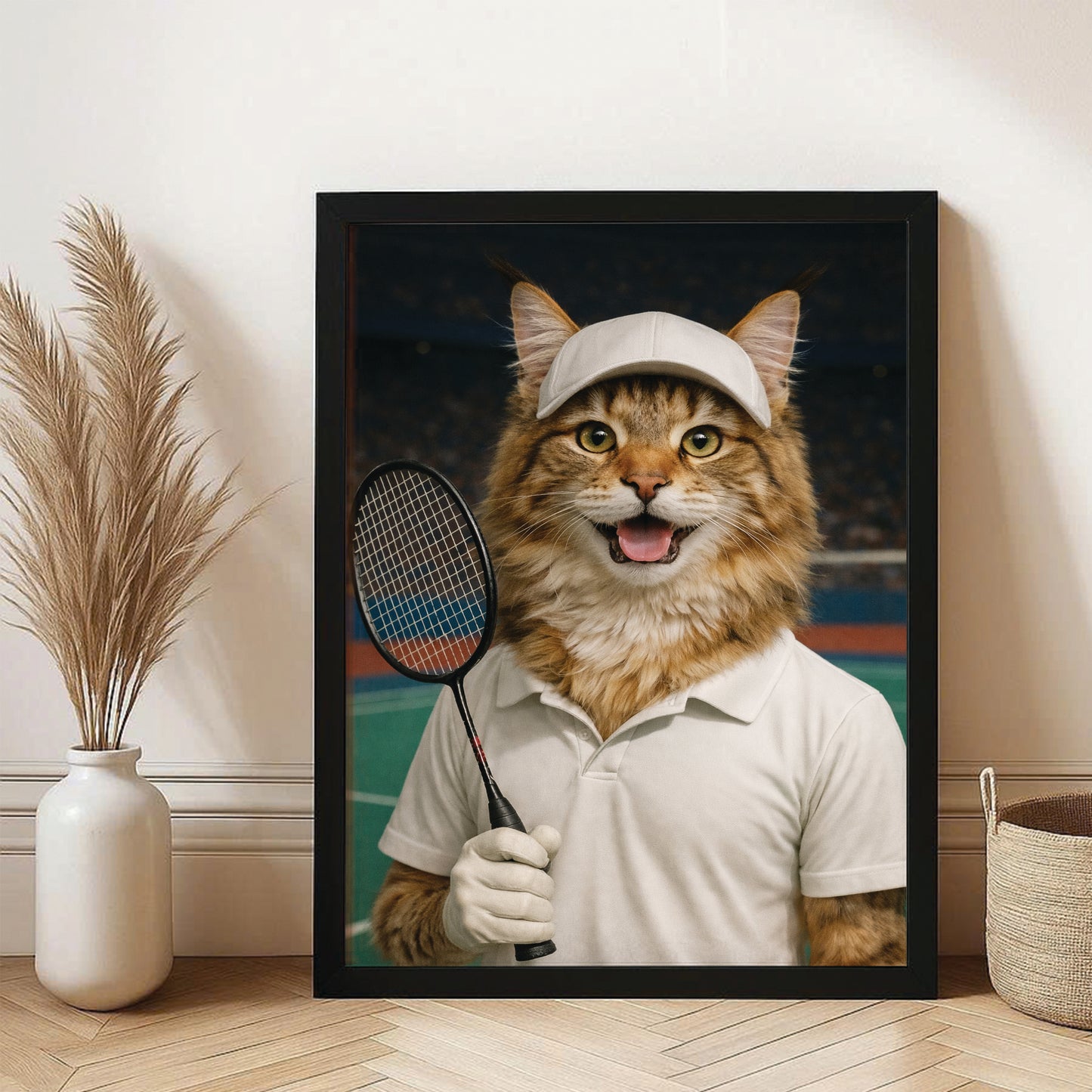 Custom Photo Badminton Cat Canvas Framed Wall Art Gift For Cat Lovers