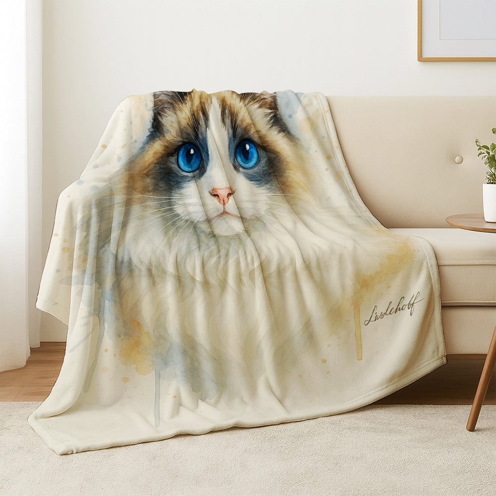 Custom Photo Cat Watercolor Artwork Blanket