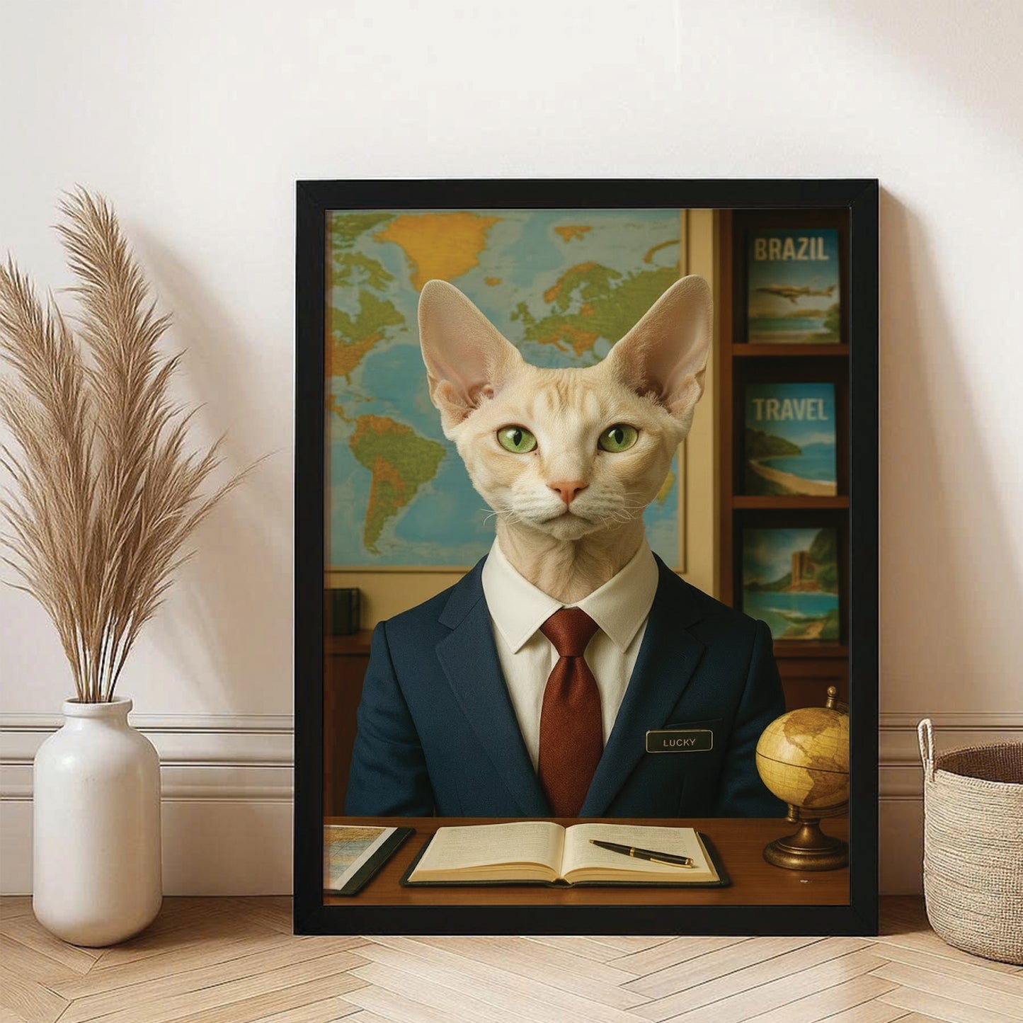 Custom Photo Travel Agent Cat Canvas Framed Wall Art Gift For Cat Lovers