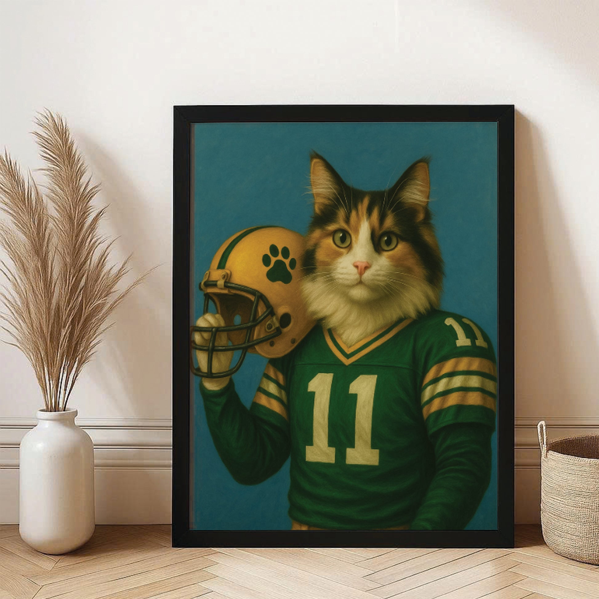 Custom Cat Photo Football Player Canvas Framed Wall Art