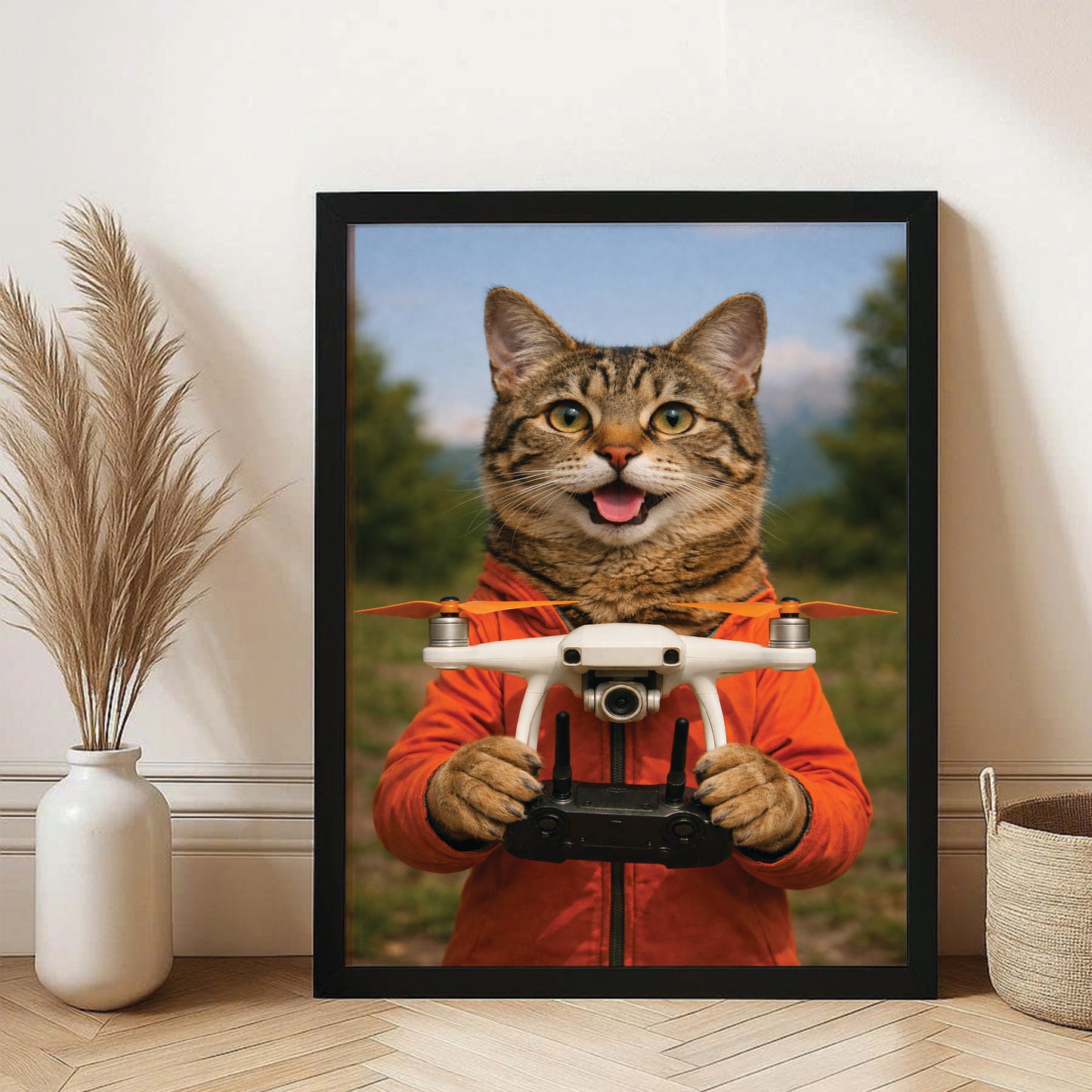 Custom Photo Drone Pilot Cat Canvas Framed Wall Art  Gift For Cat Lovers