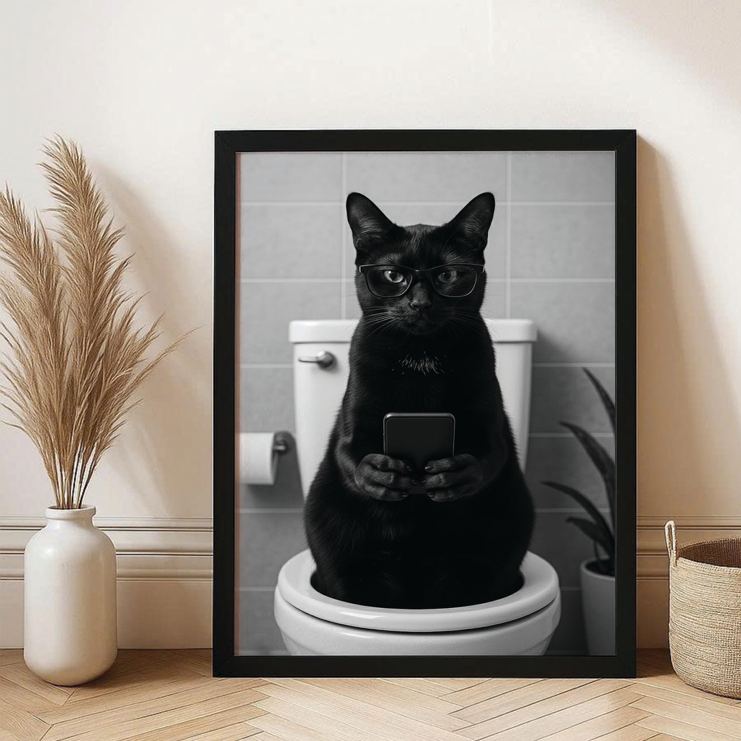 Custom Photo Cat Bathroom Style 14 Canvas Framed Wall Art Gift For Cat Lovers