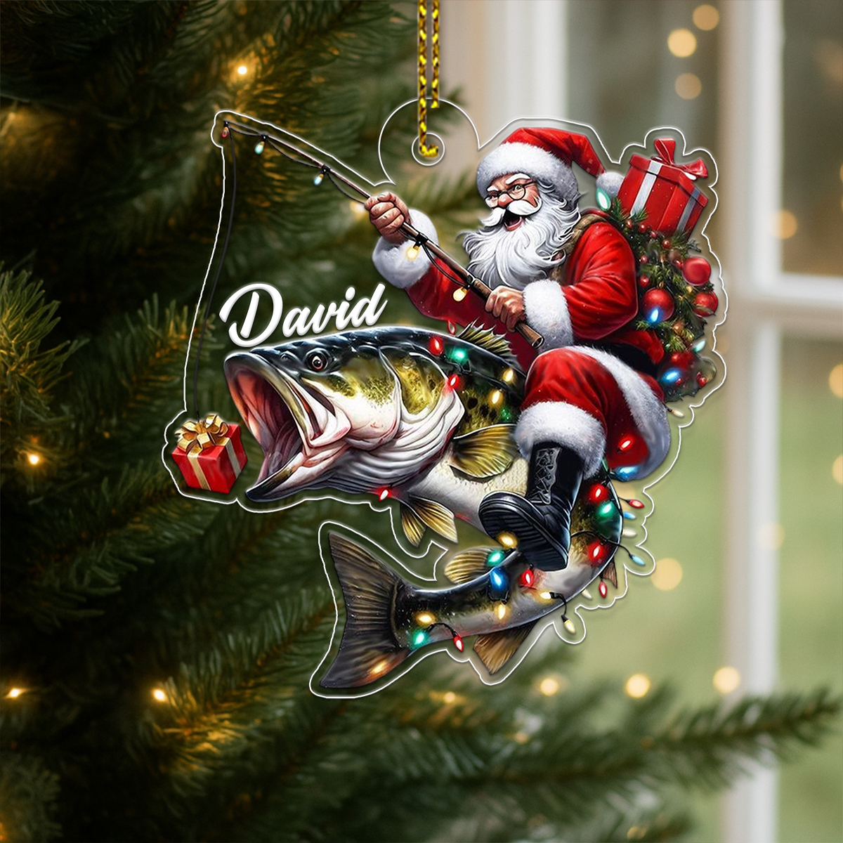 Custom Name Santa Fishing Acrylic Ornament Christmas Gift