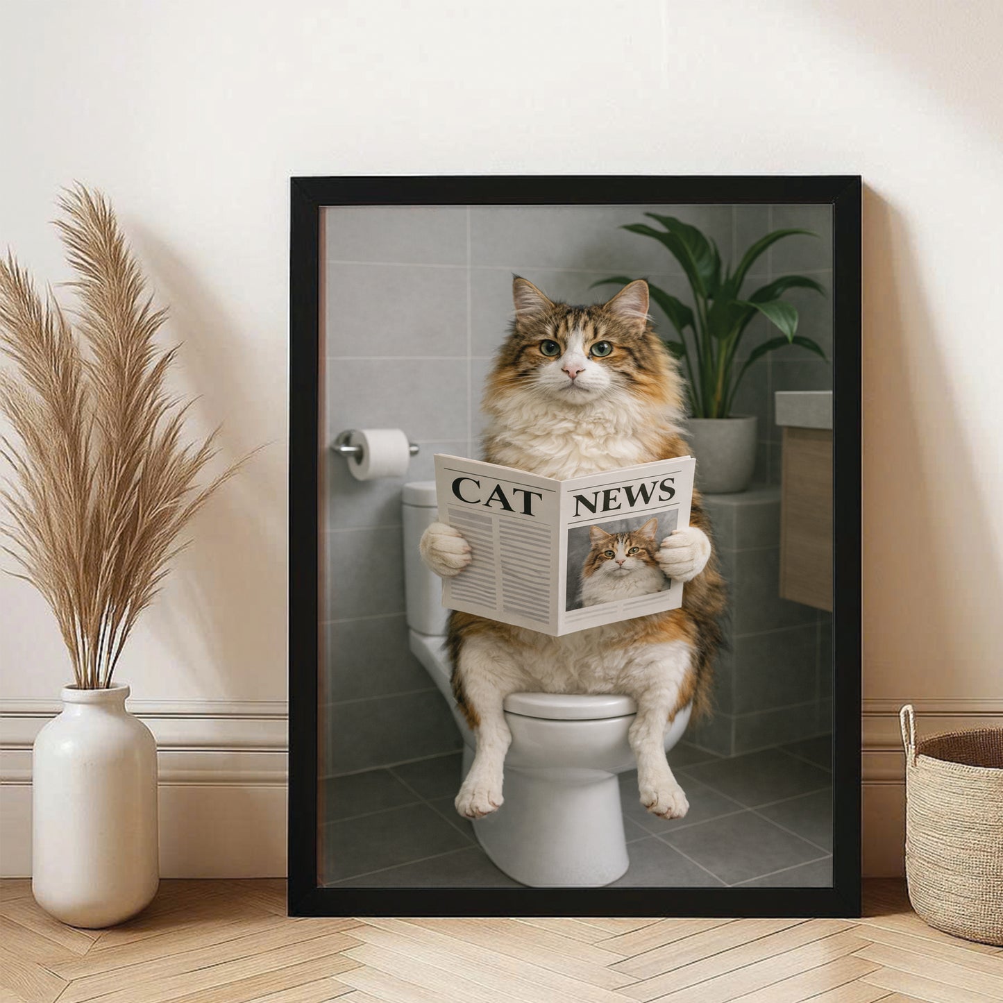 Custom Photo Cat Bathroom Style 4 Canvas Framed Wall Art Gift For Cat Lovers