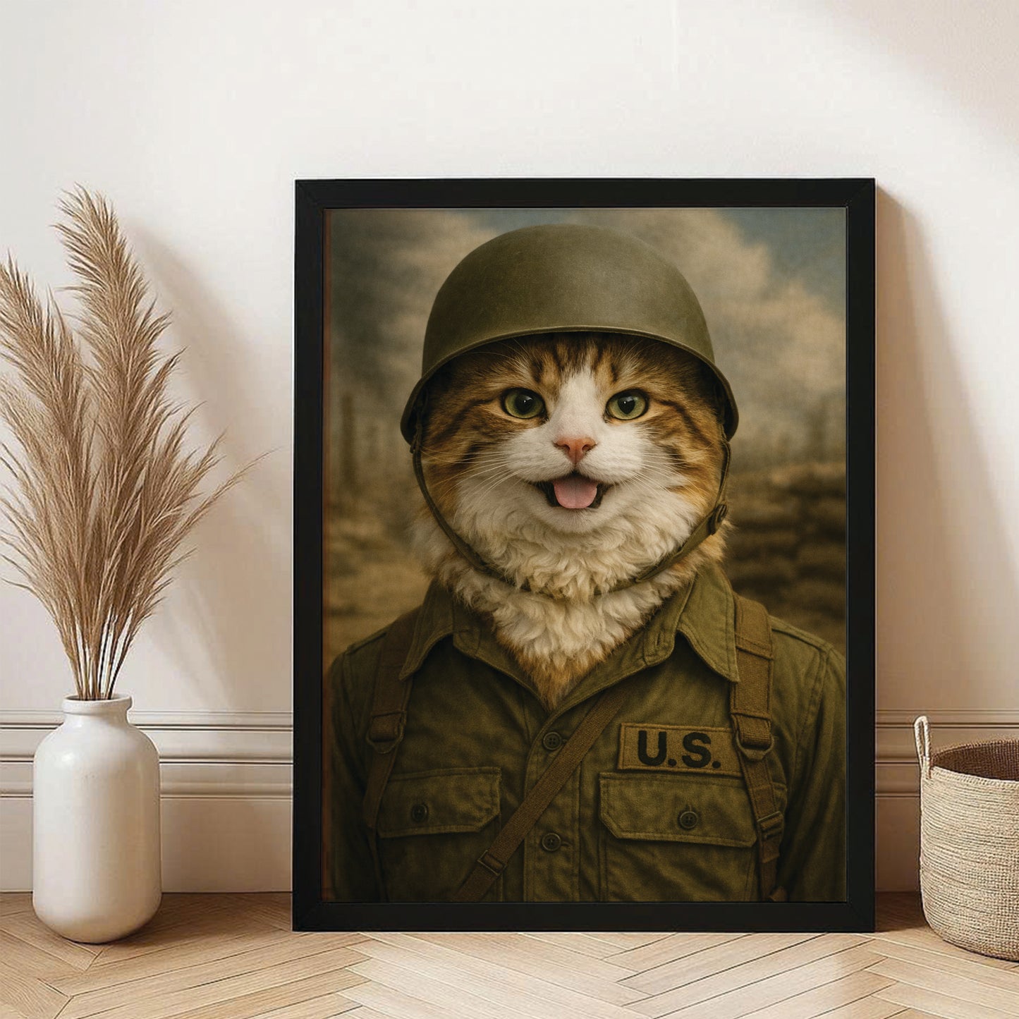 Custom Photo Military Cat Canvas Framed Wall Art  Gift For Cat Lovers