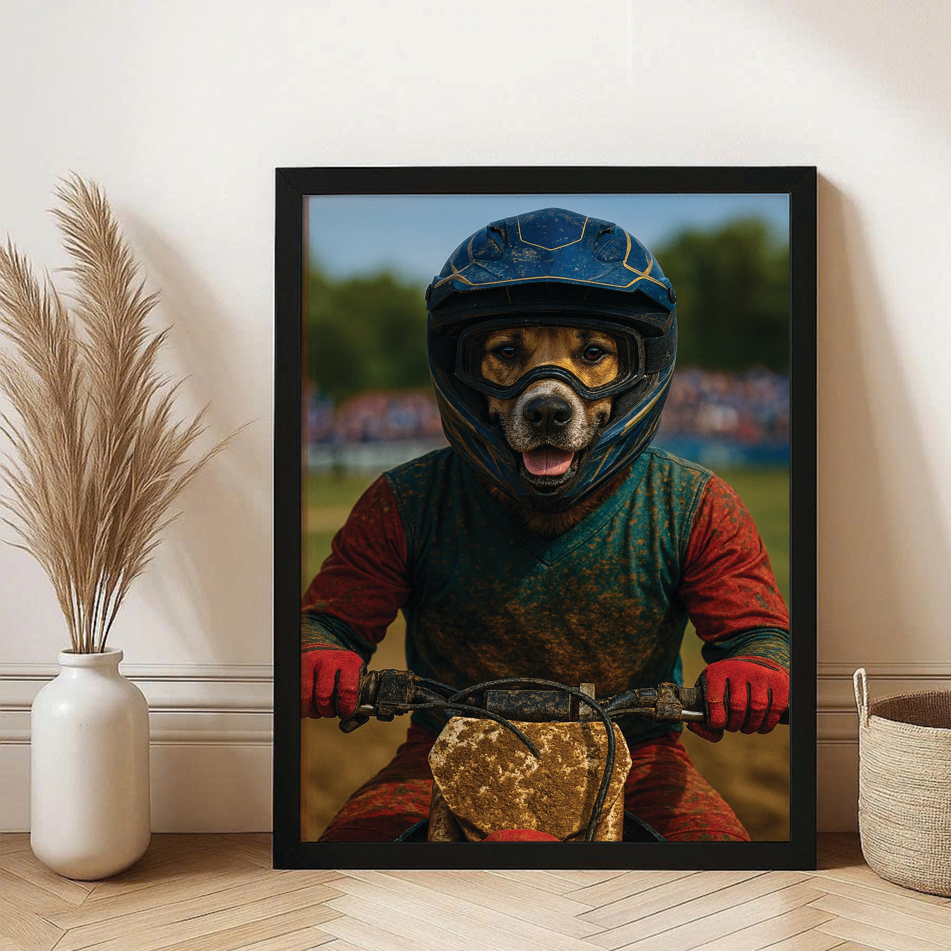 Custom Photo Dirt Bike Dog Canvas Framed Wall Art Gift For Dog Lovers