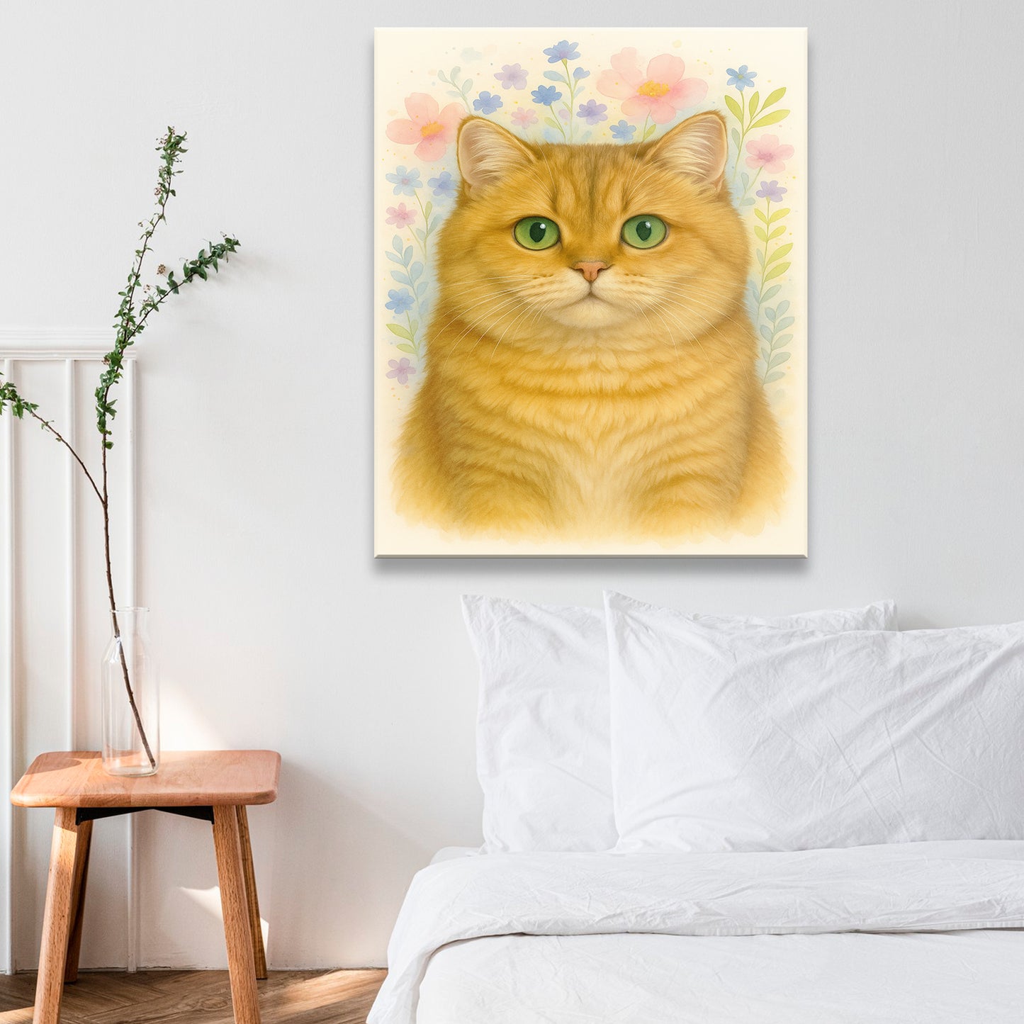 Custom Photo Cat Floral Watercolor Art Canvas