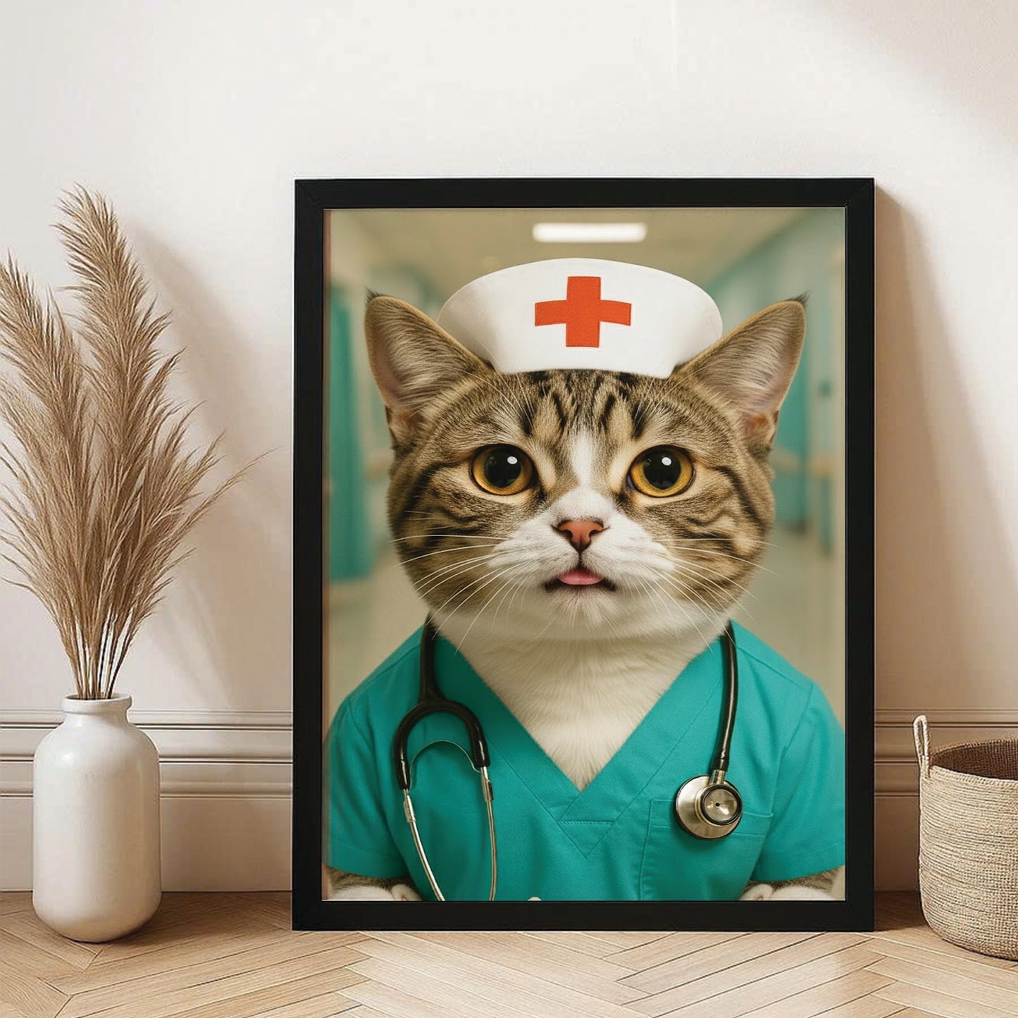 Custom Photo Nurse Cat Canvas Framed Wall Art  Gift For Cat Lovers