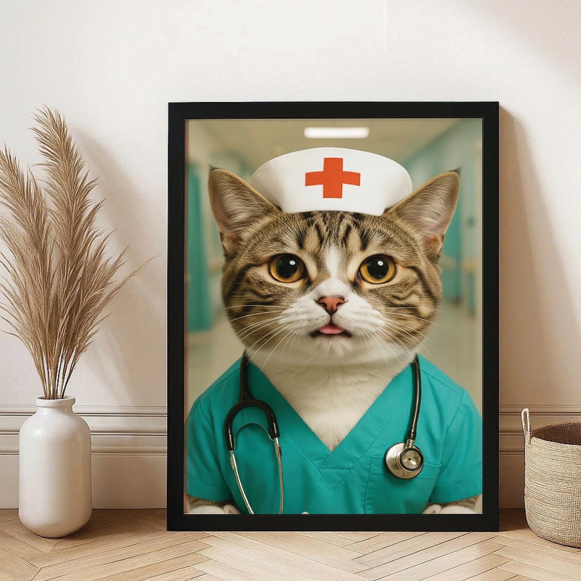 Custom Photo Nurse Cat Canvas Framed Wall Art  Gift For Cat Lovers