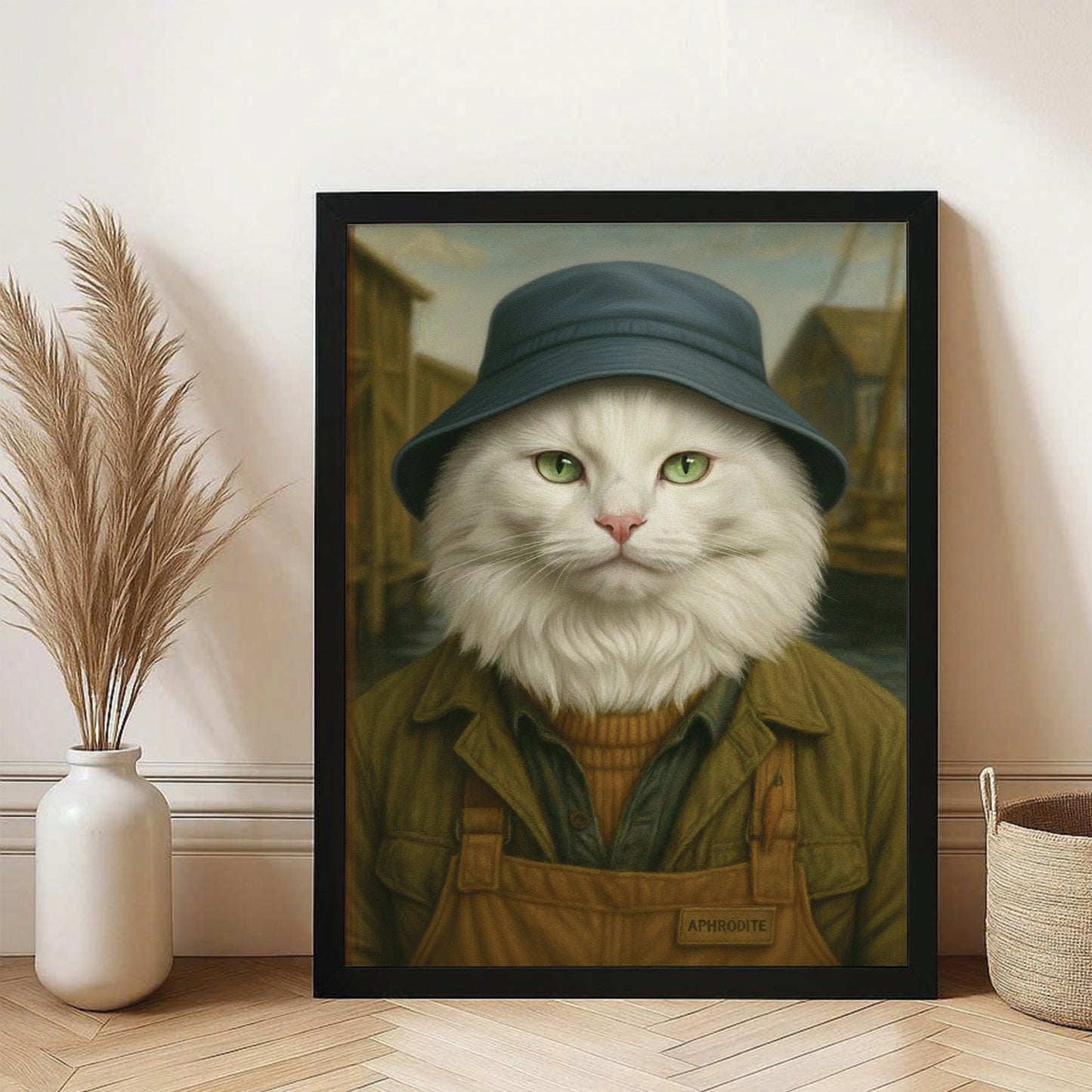Custom Photo Fisherman Cat Canvas Framed Wall Art  Gift For Cat Lovers
