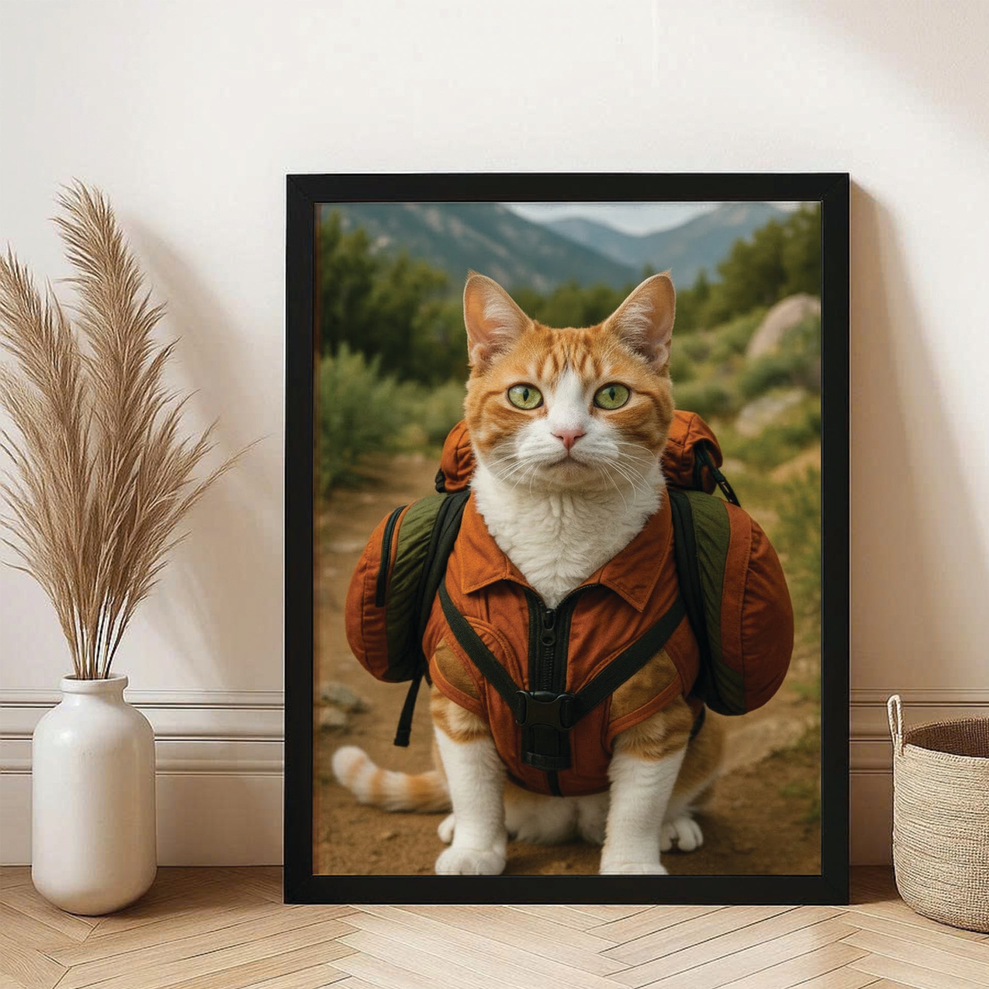 Custom Photo Backpacking Hiking Cat Canvas Framed Wall Art Gift For Cat Lovers