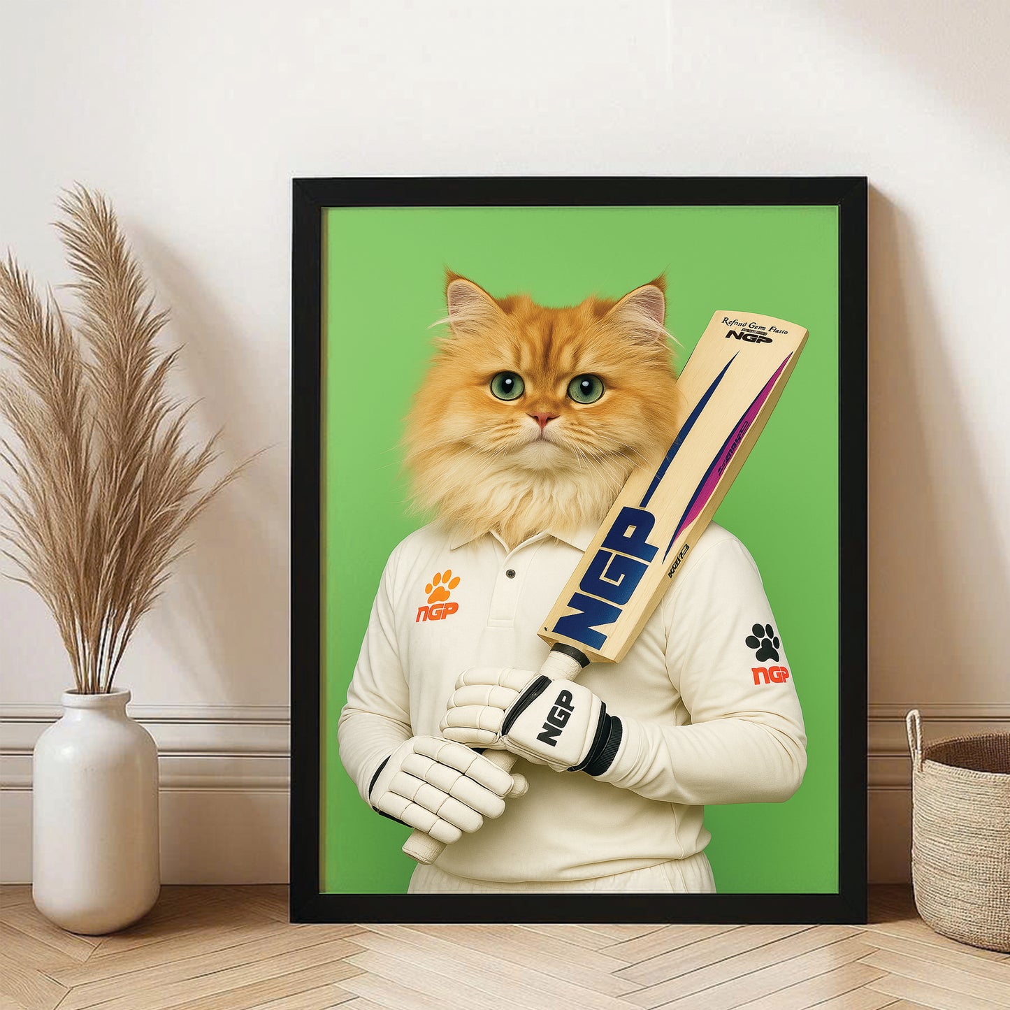 Custom Photo Cricketer Cat Canvas Framed Wall Art Gift For Cat Lovers