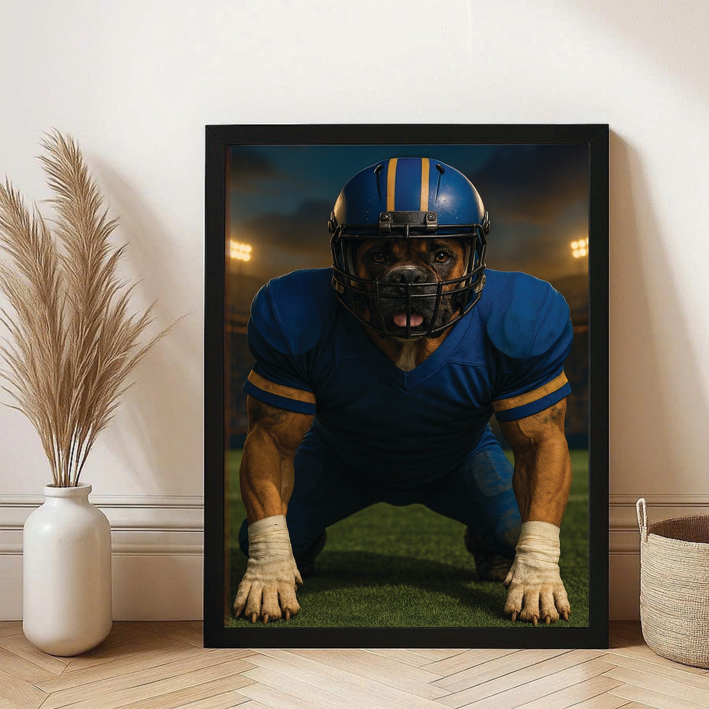 Custom Photo Football Player 2 Dog Canvas Framed Wall Art Gift For Dog Lovers