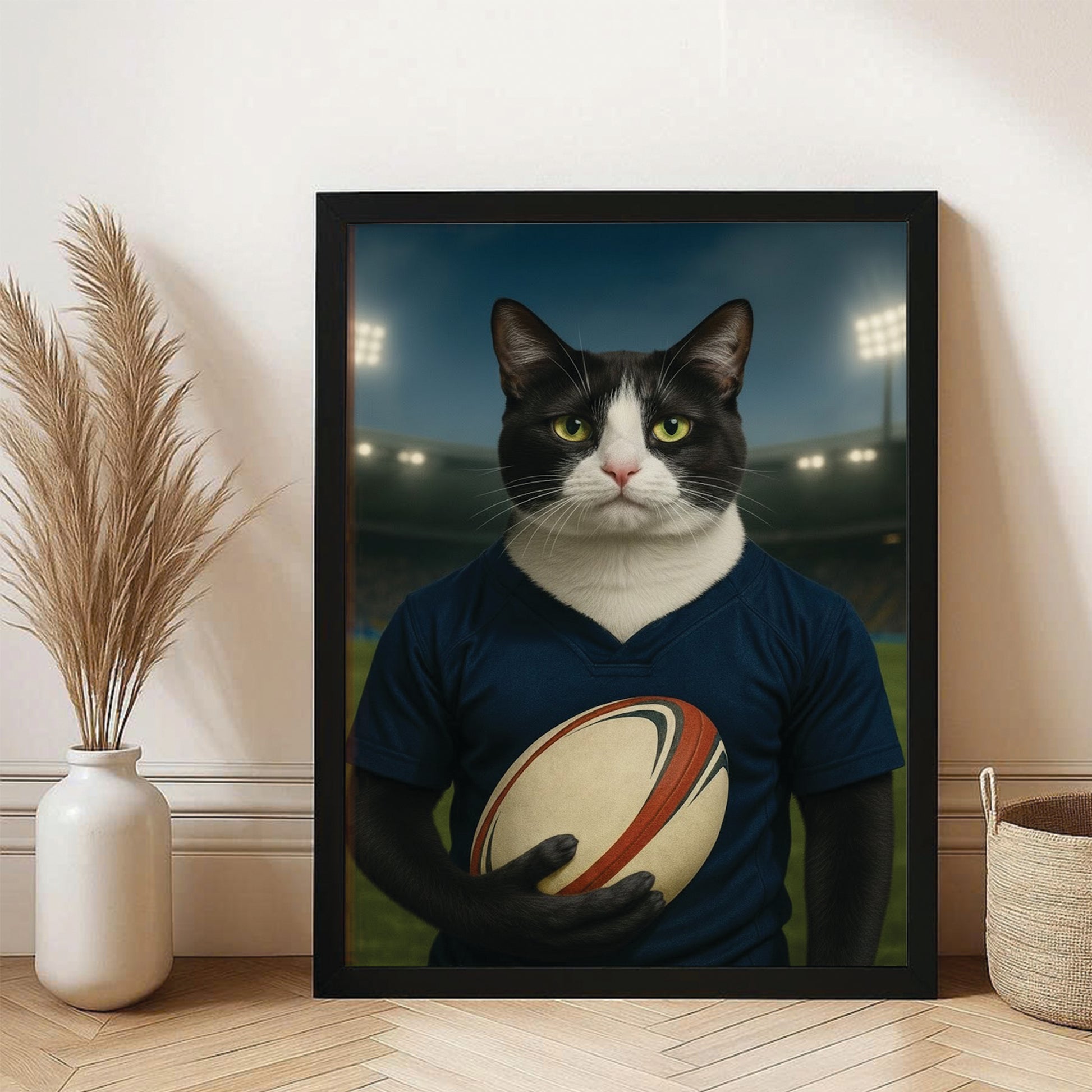 Custom Cat Rugby Sport Cat Canvas Framed Wall Art Gift For Cat Lovers