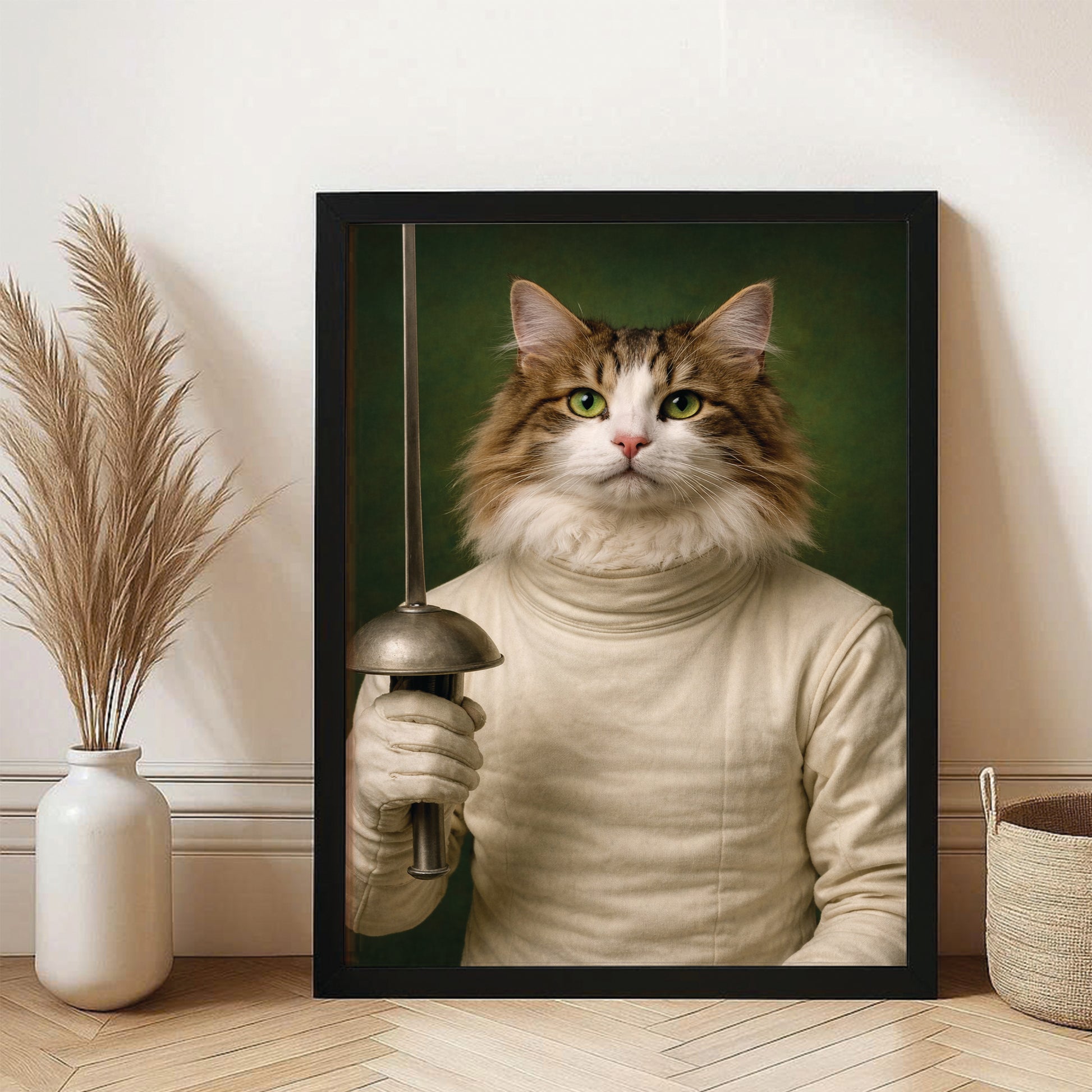 Custom Photo Fencer Cat Canvas Framed Wall Art  Gift For Cat Lovers