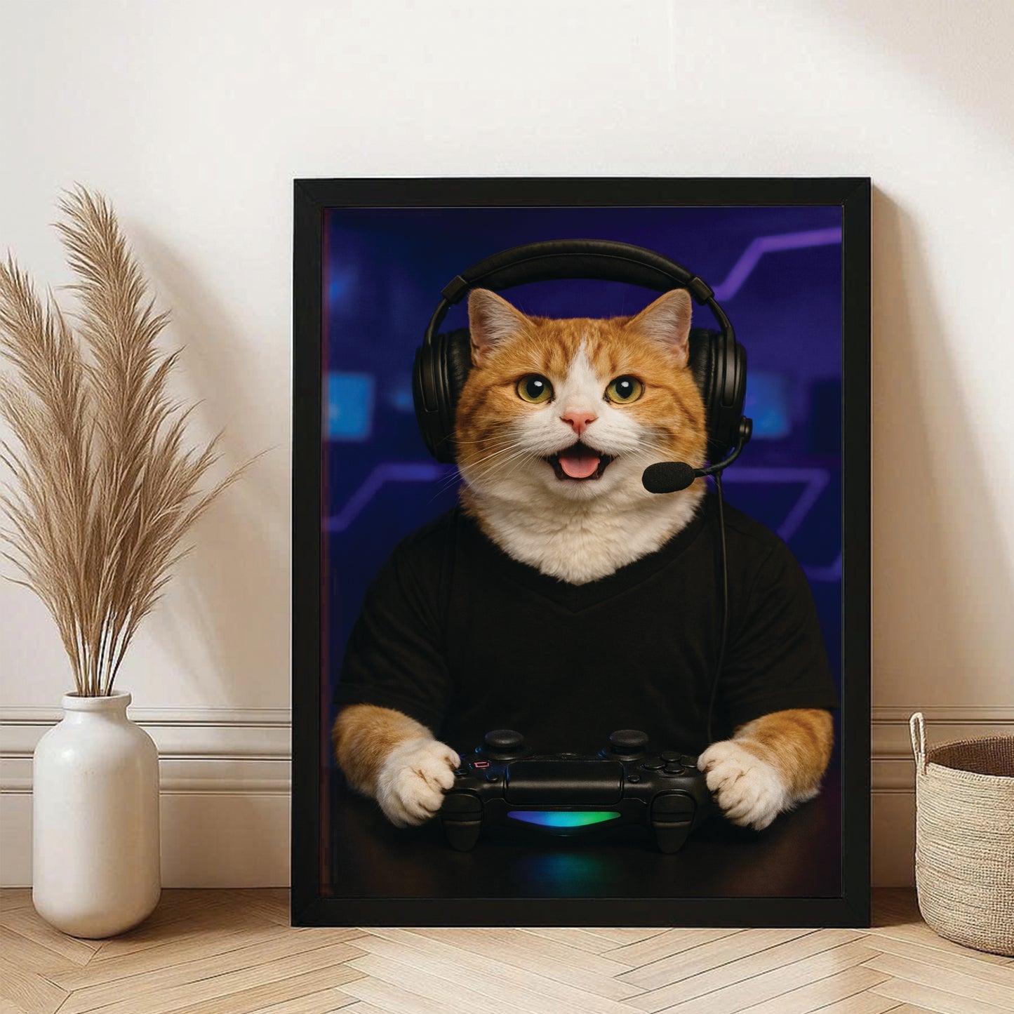 Custom Photo Gamer Cat Canvas Framed Wall Art  Gift For Cat Lovers