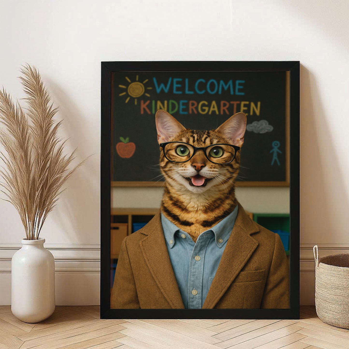 Custom Photo Kindergarten Teacher Canvas Framed Wall Art  Gift For Cat Lovers