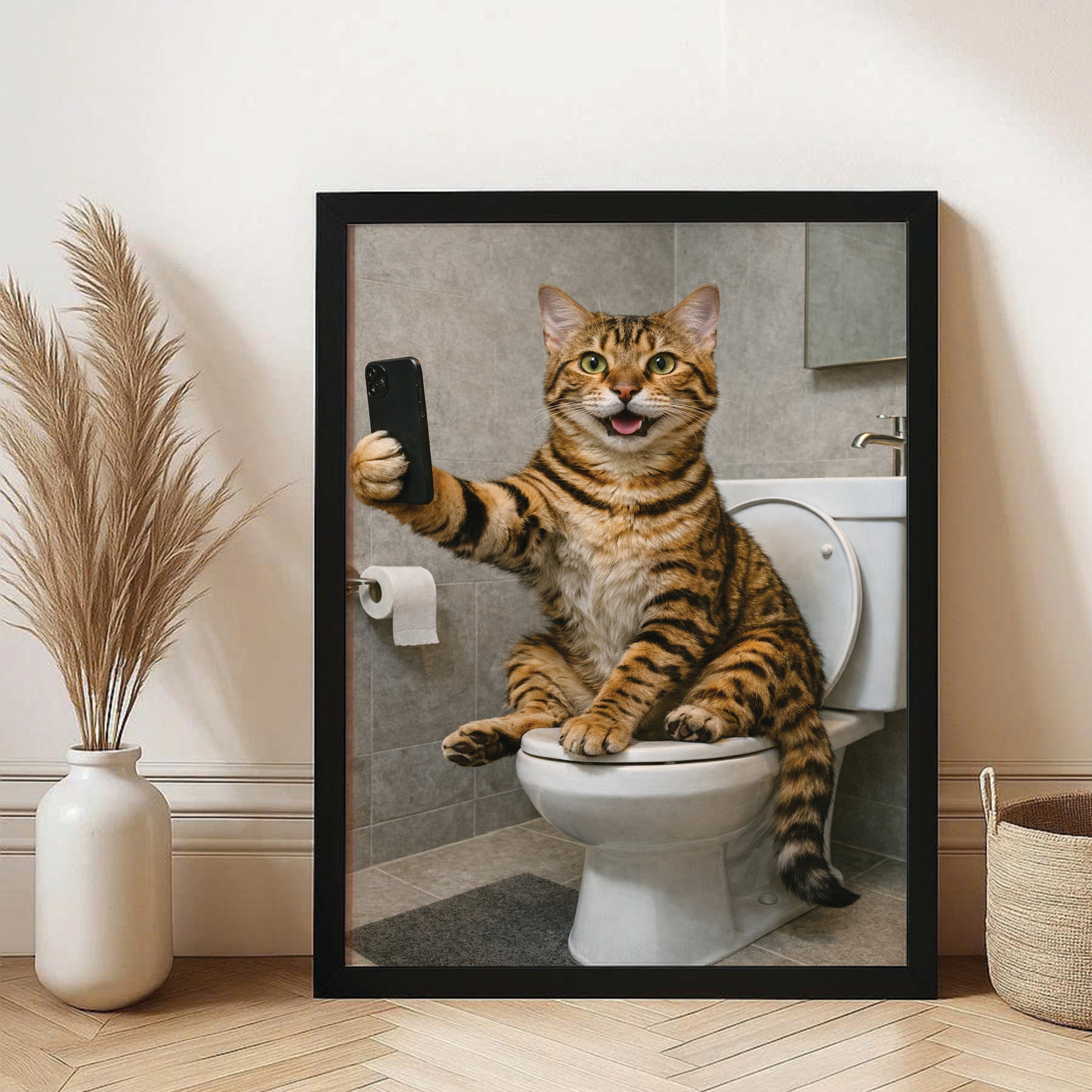 Custom Photo Cat Sefie Bathroom Canvas Framed Wall Art Gift For Cat Lover