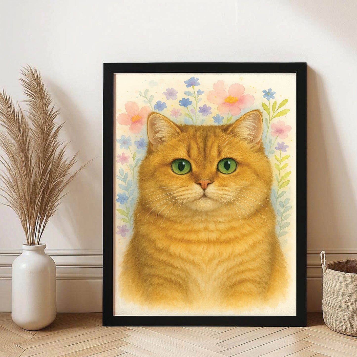 Custom Photo Cat Floral Watercolor Art Canvas Framed Wall Art