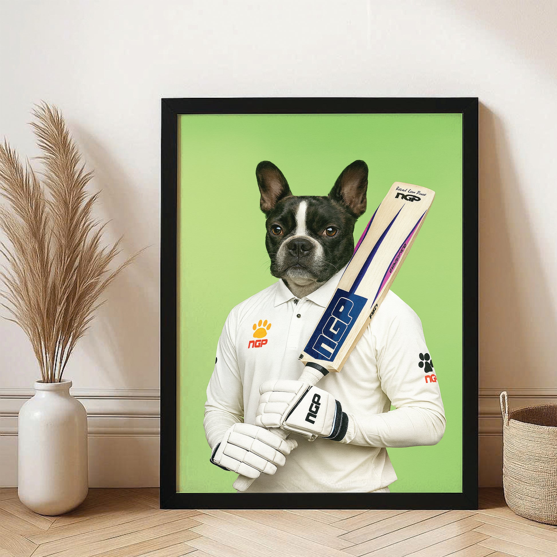 Custom Photo Cricketer Dog Canvas Framed Wall Art Gift For Dog Lovers
