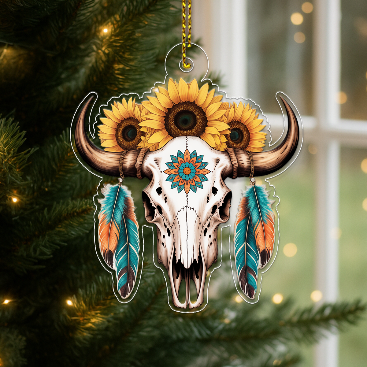 Personalized Bull Skull And Sunflower Acrylic Ornament Christmas Gift