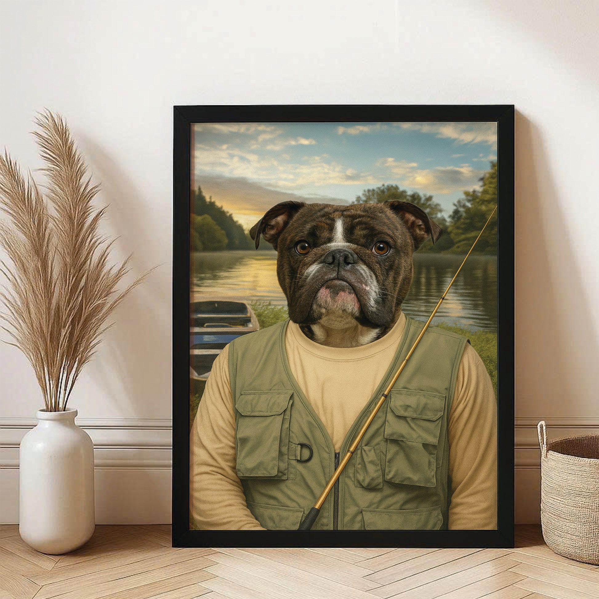 Custom Photo Fisherman Dog Canvas Framed Wall Art