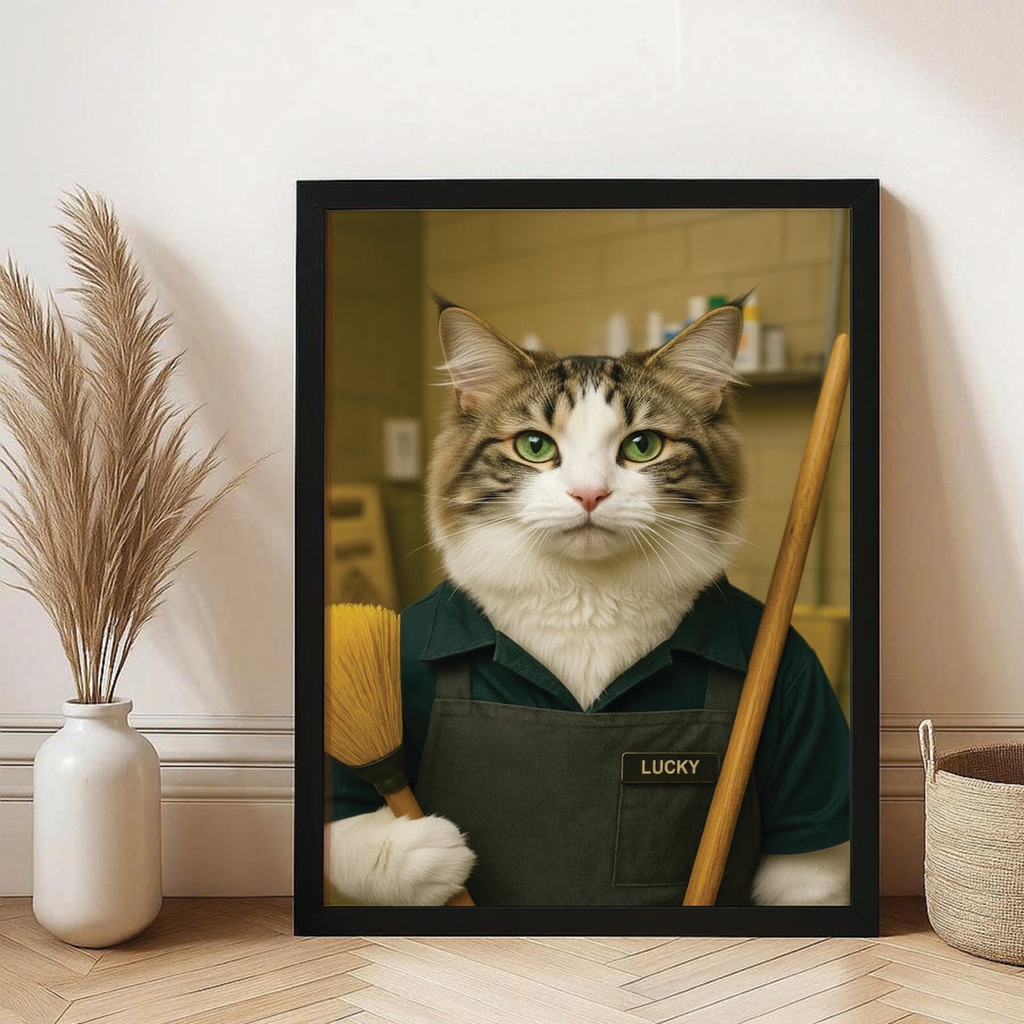 Custom Photo Janitor Cat Canvas Framed Wall Art  Gift For Cat Lovers