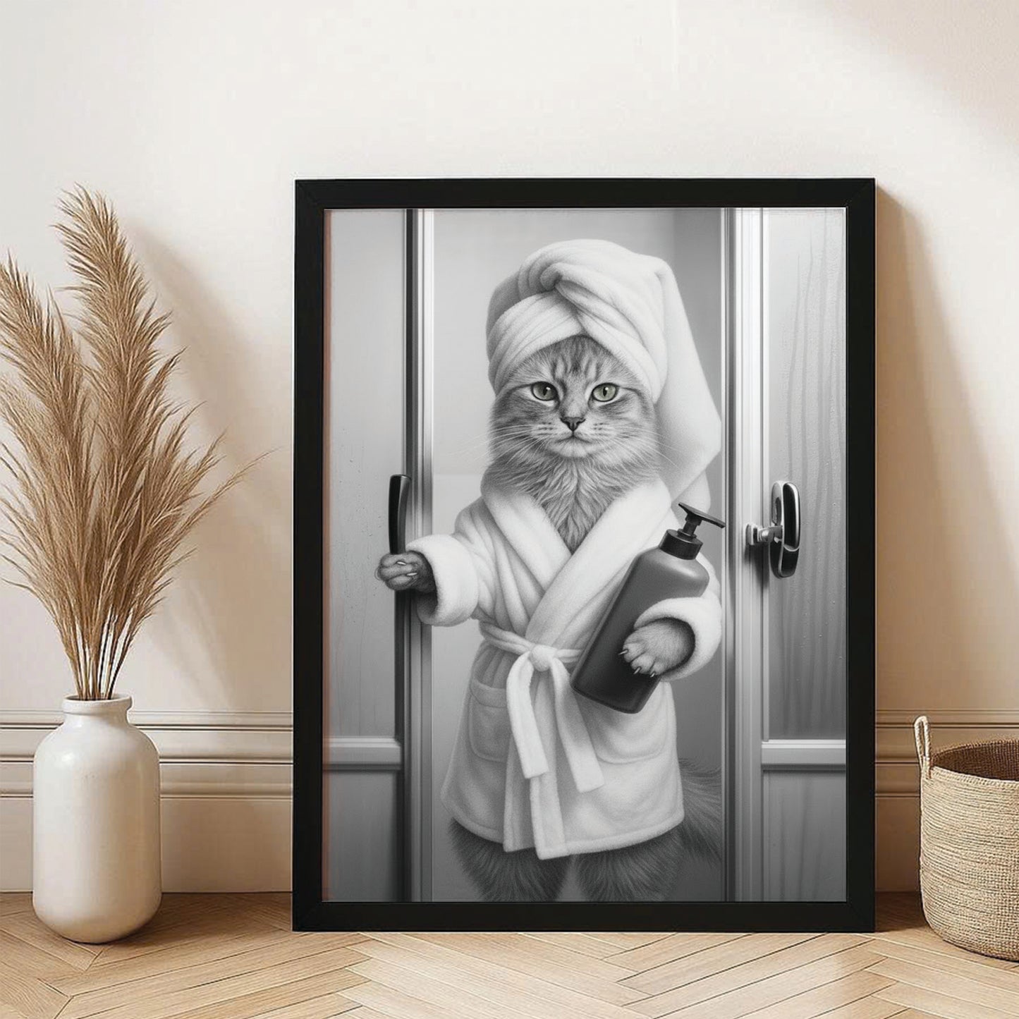 Custom Photo Cat Bathrobe Bathroom Canvas Framed Wall Art Gift For Cat Lovers