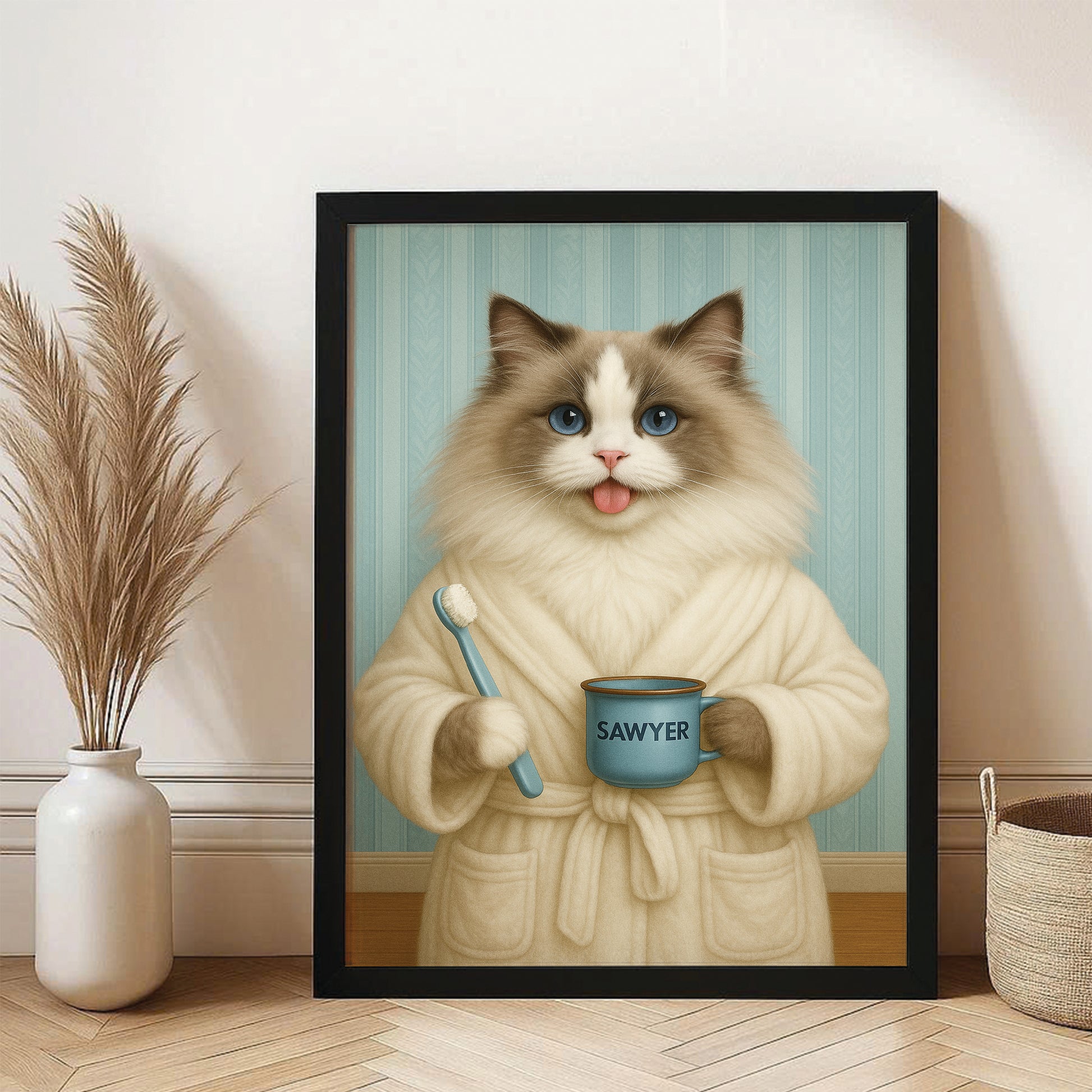 Custom Photo Cat Bathroom Canvas Framed Wall Art Cat Gifts Lovers