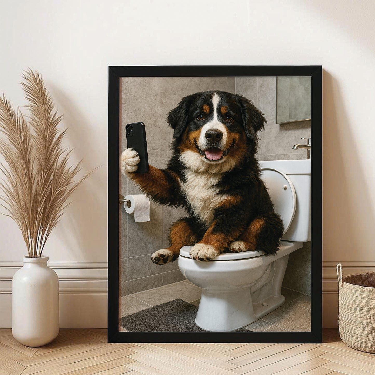 Custom Photo Dog Sefie Bathroom Canvas Framed Wall Art Gift For Dog Lover