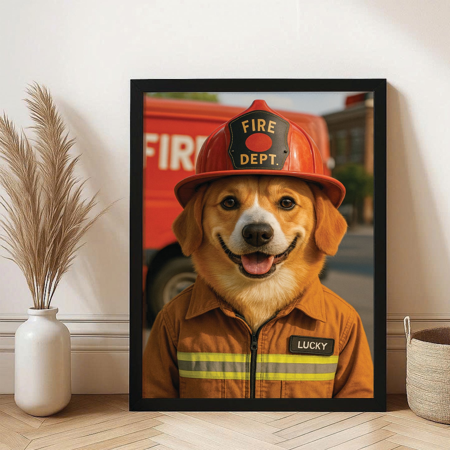 Custom Photo Fire Fighter Dog Canvas Framed Wall Art Gift For Dog Lovers