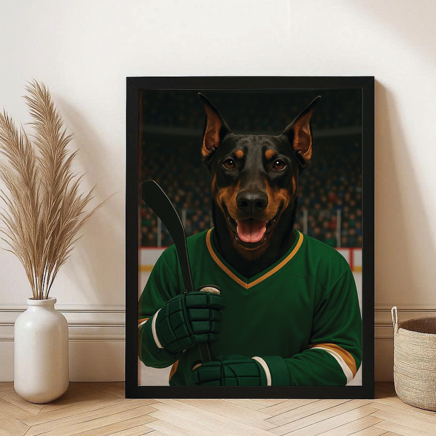 Custom Photo Hockey Player Dog Canvas Framed Wall Art Gift For Dog Lovers