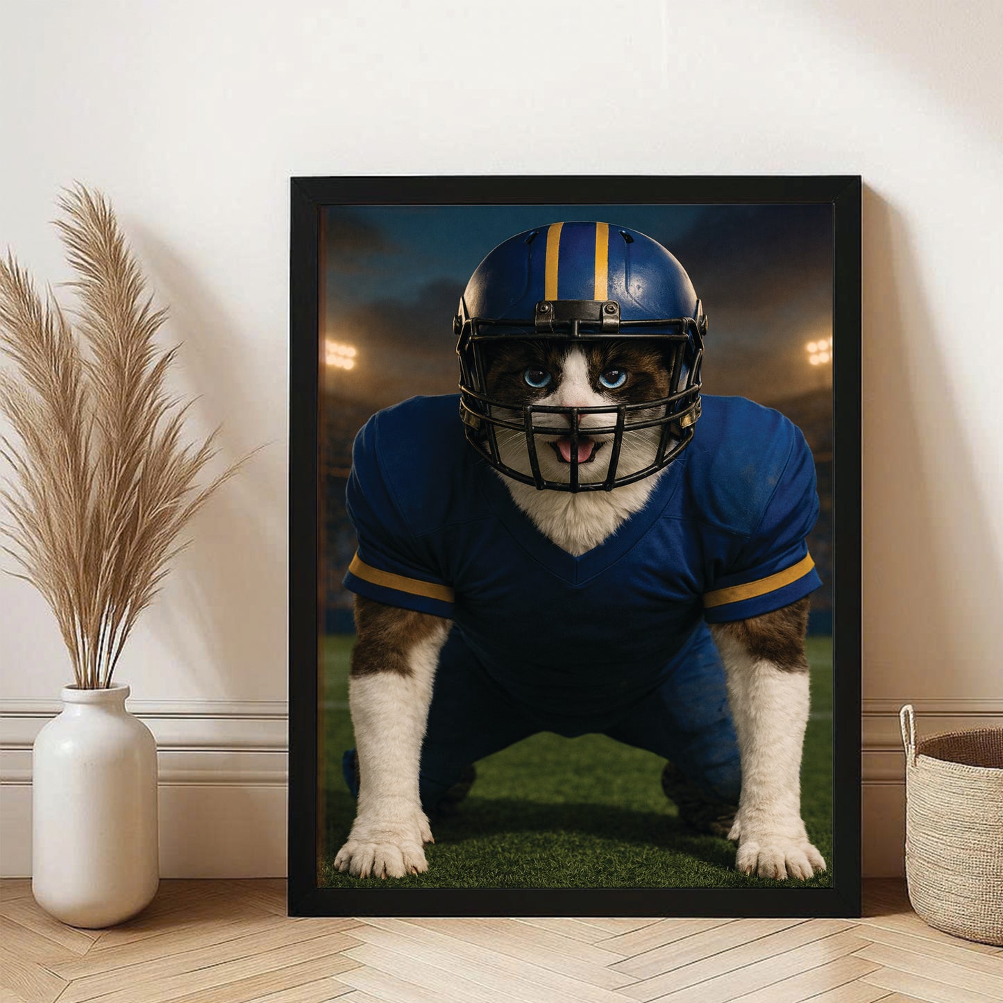 Custom Photo Football Player 2 Cat Canvas Framed Wall Art  Gift For Cat Lovers