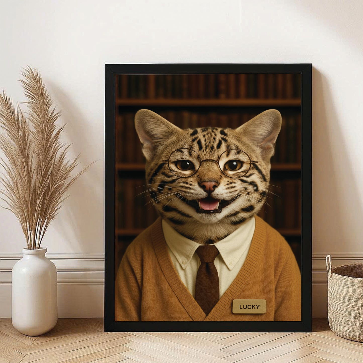 Custom Photo Librarian Book Lover Cat Canvas Framed Wall Art Gift For Cat Lovers