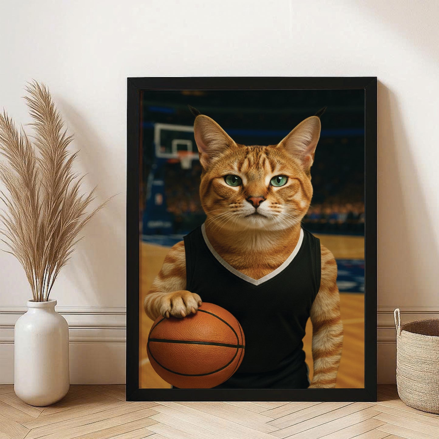 Custom Photo Basketball Player Cat Canvas Framed Wall Art Gift For Cat Lovers