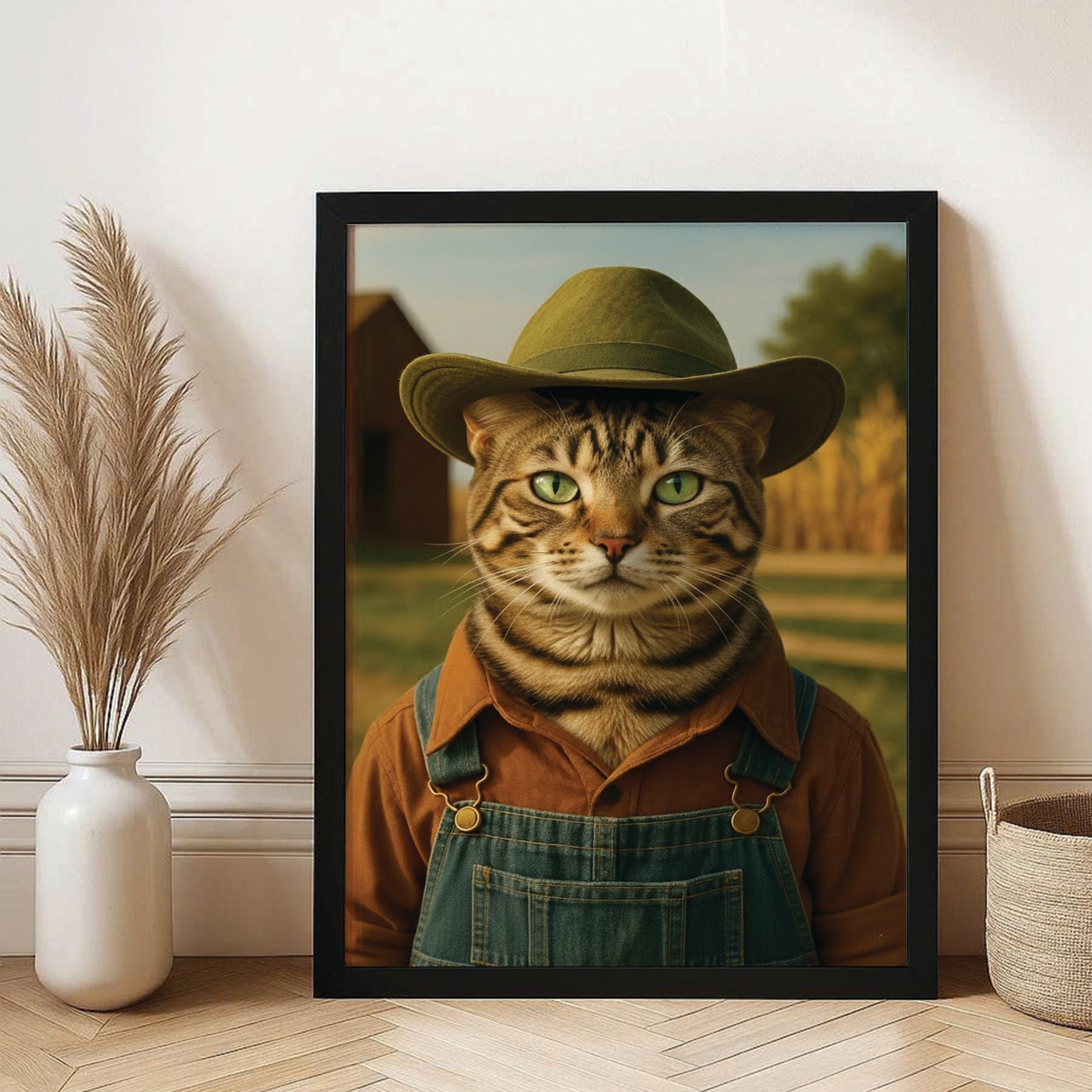 Custom Photo Farmer Farmhouse Cat Canvas Framed Wall Art 