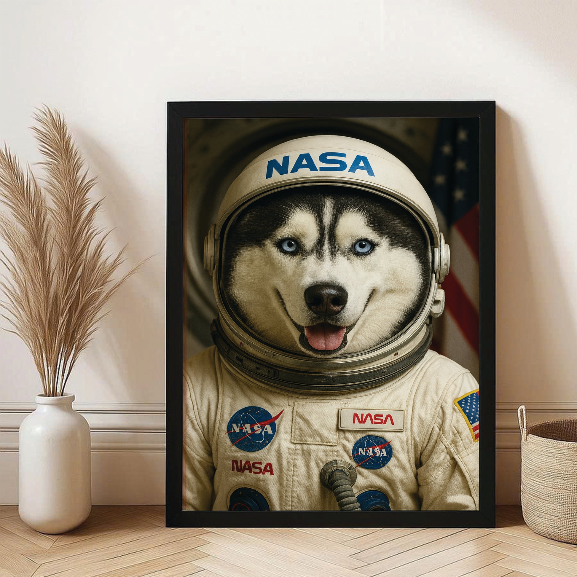 Custom Photo Astronaut Dog Canvas Framed Wall Art Gift For Dog Lovers