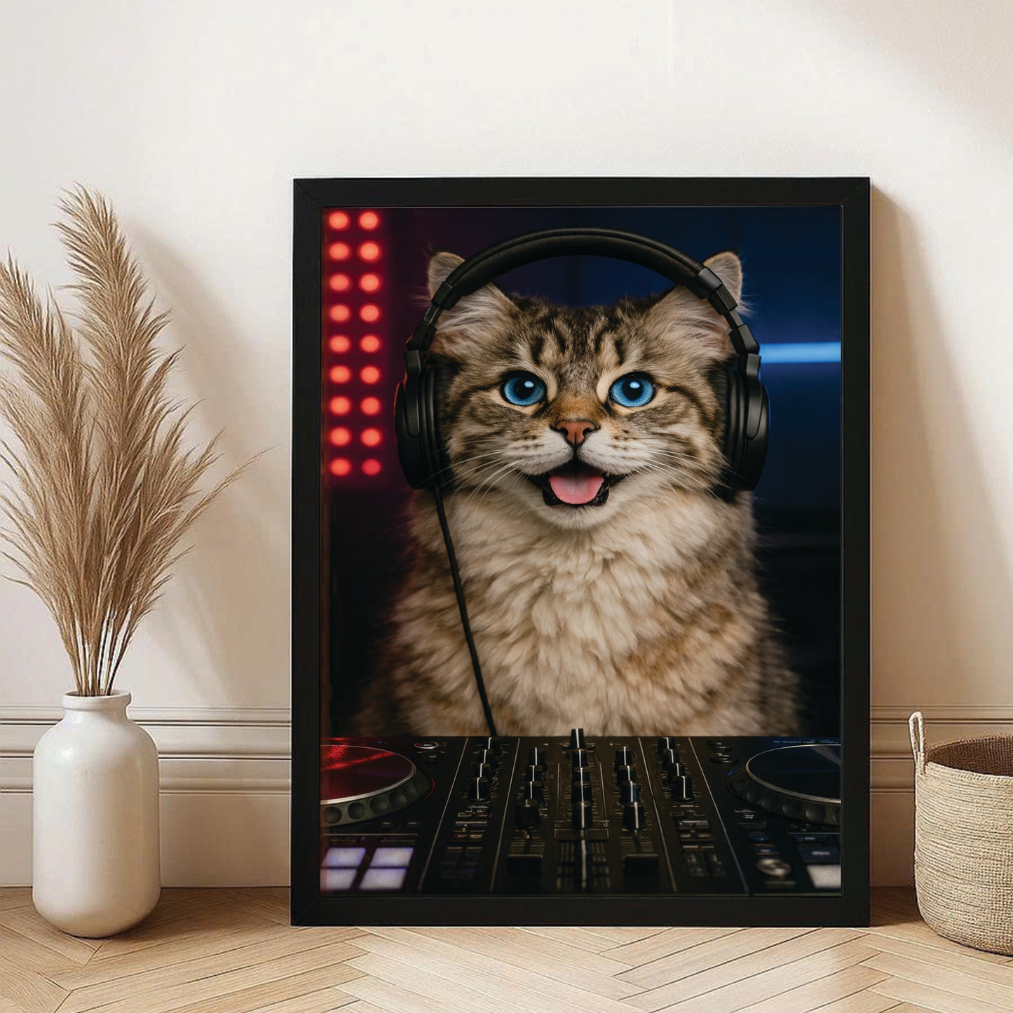 Custom Photo Dj Cat Canvas Framed Wall Art  Gift For Cat Lovers