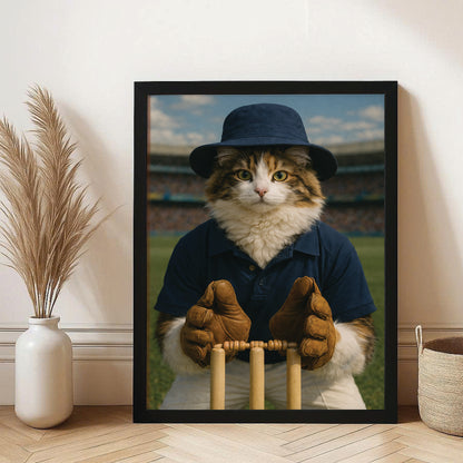 Custom Photo Cricket Player Cat Canvas Framed Wall Art Gift For Cat Lovers