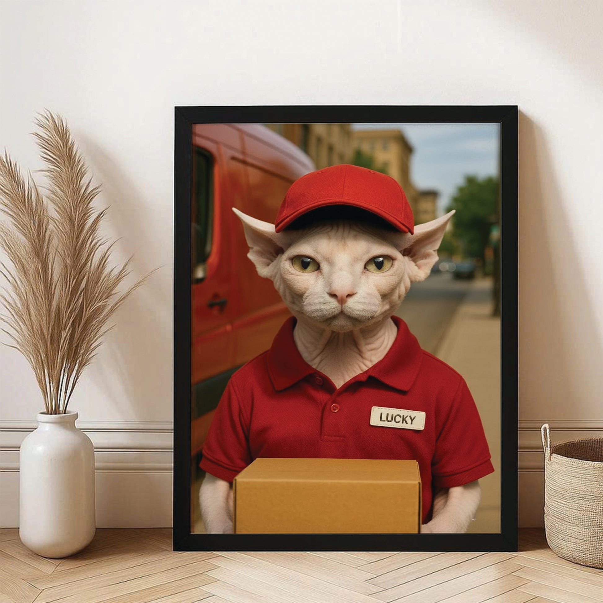 Custom Photo Courier Delivery Canvas Framed Wall Art Gift For Cat Lovers