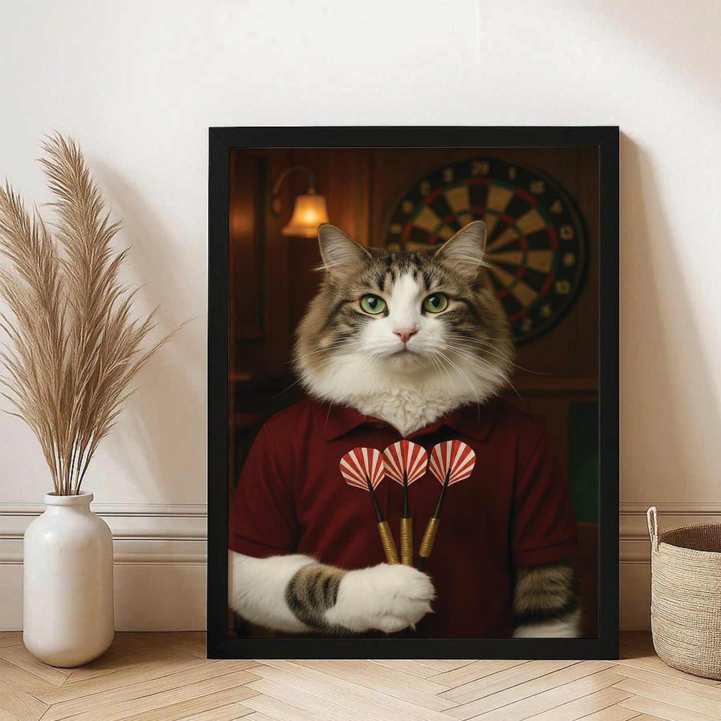 Custom Photo Dart Player Cat Canvas Framed Wall Art  Gift For Cat Lovers