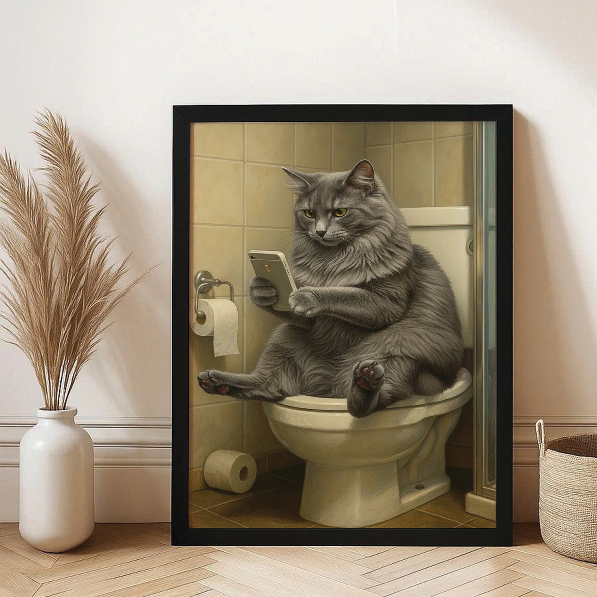 Custom Photo Cat Bathroom Style 3 Canvas Framed Wall Art Gift For Cat Lovers