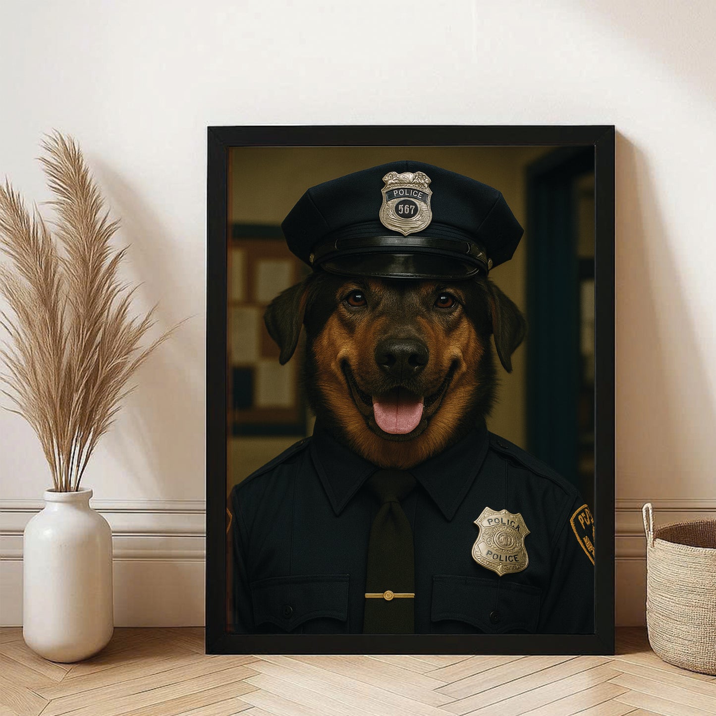 Custom Photo Police Dog Canvas Framed Wall Art Gift For Dog Lovers