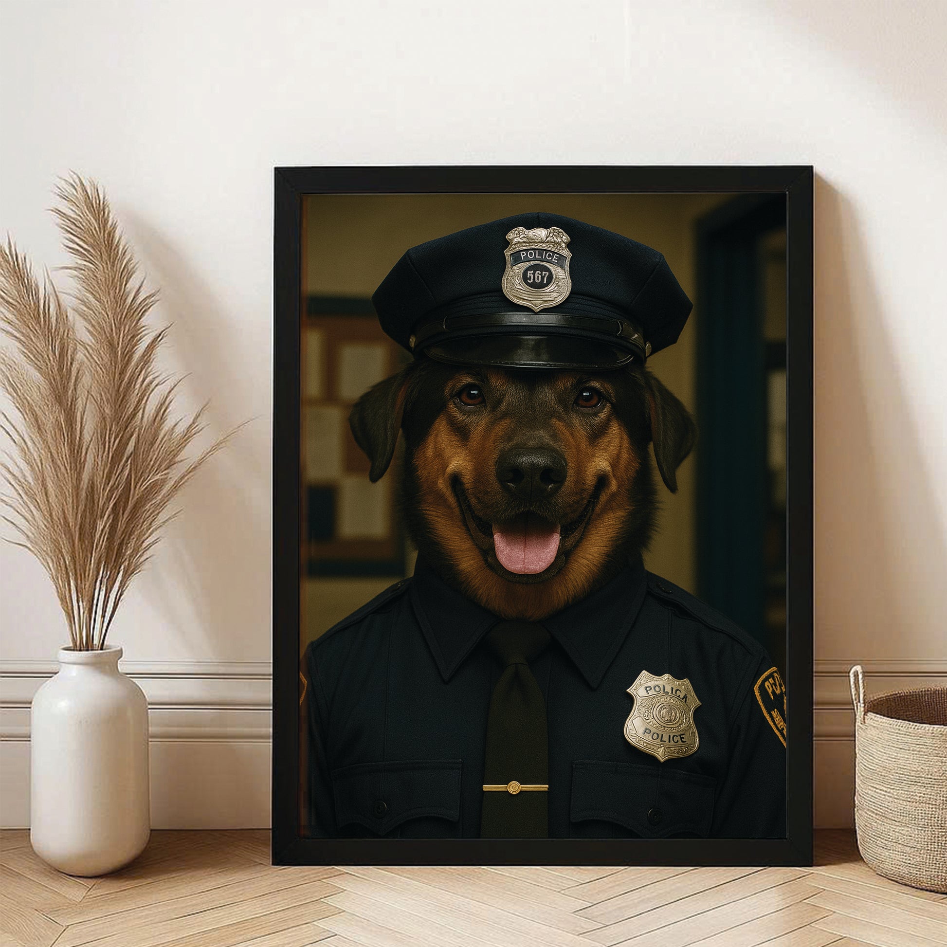 Custom Photo Police Dog Canvas Framed Wall Art Gift For Dog Lovers