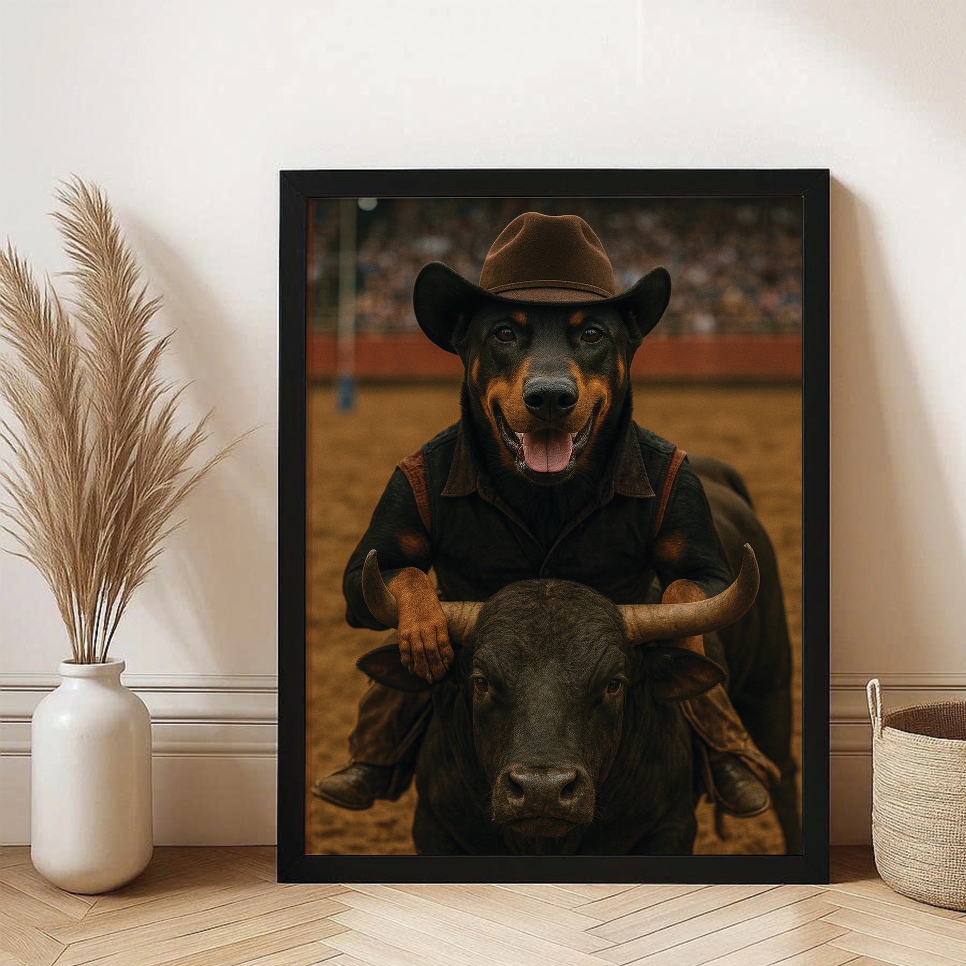 Custom Photo Bull Rider Cowboy Dog Canvas Framed Wall Art Gift For Dog Lovers