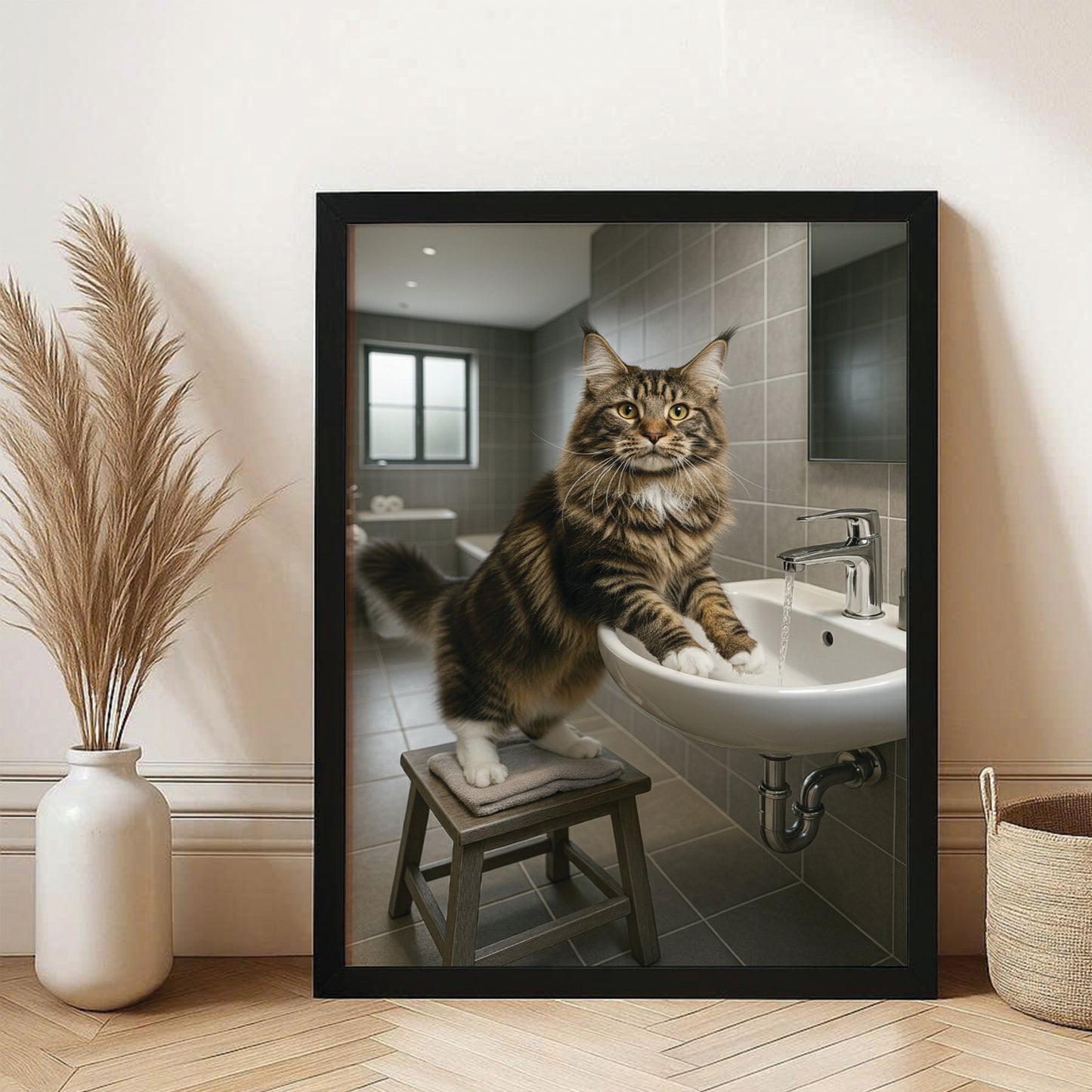Custom Photo Cat In Bathroom Style 1 Canvas Framed Wall Art Gift For Cat Lovers