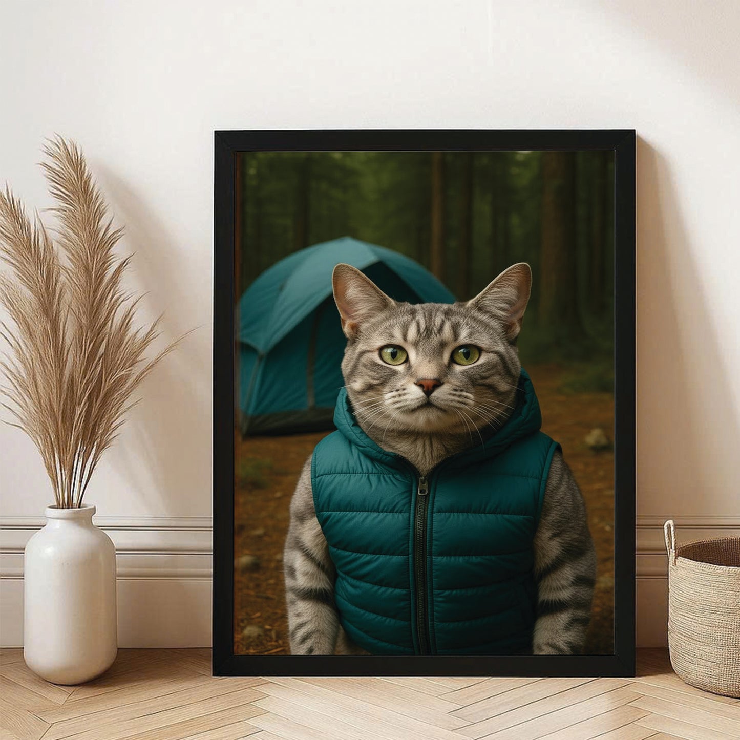 Custom Photo Cat Camping Canvas Framed Wall Art  Gift For Cat Lovers