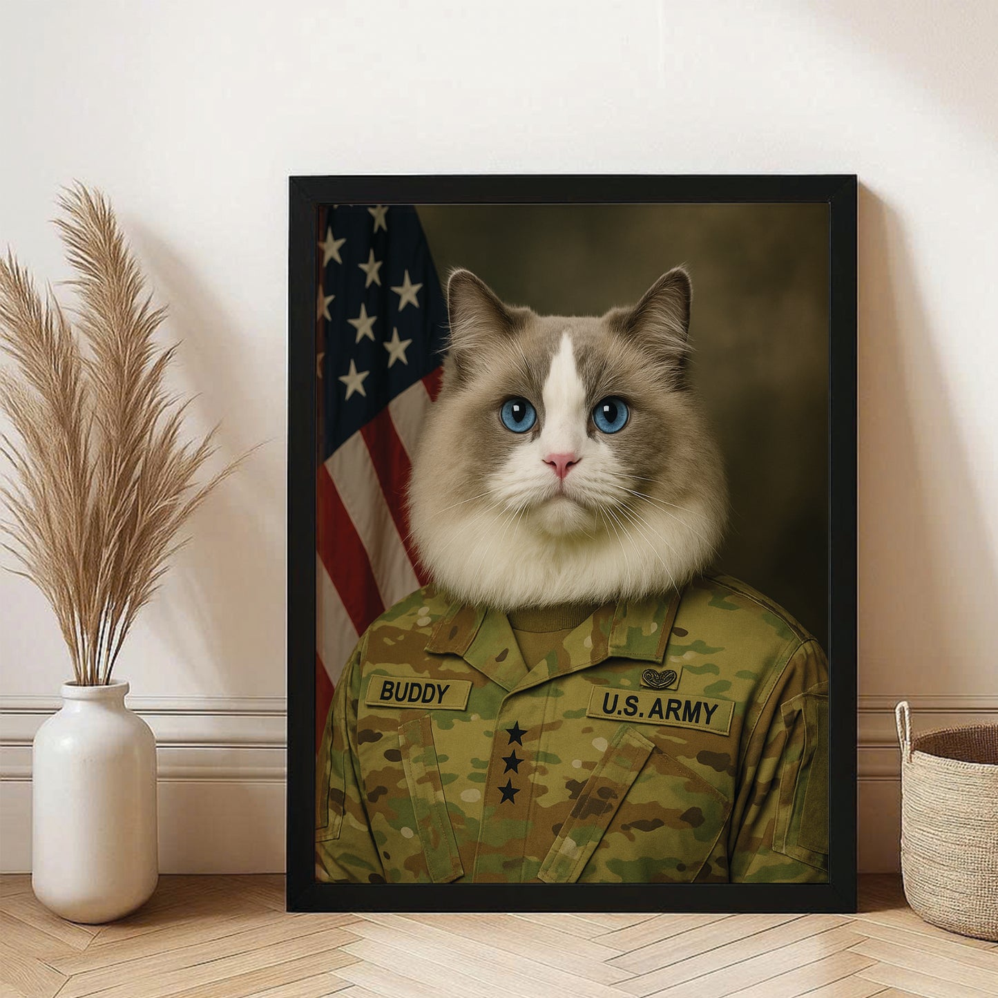 Custom Cat Photo Us Army Canvas Framed Wall Art _ Gift For Cat Lovers