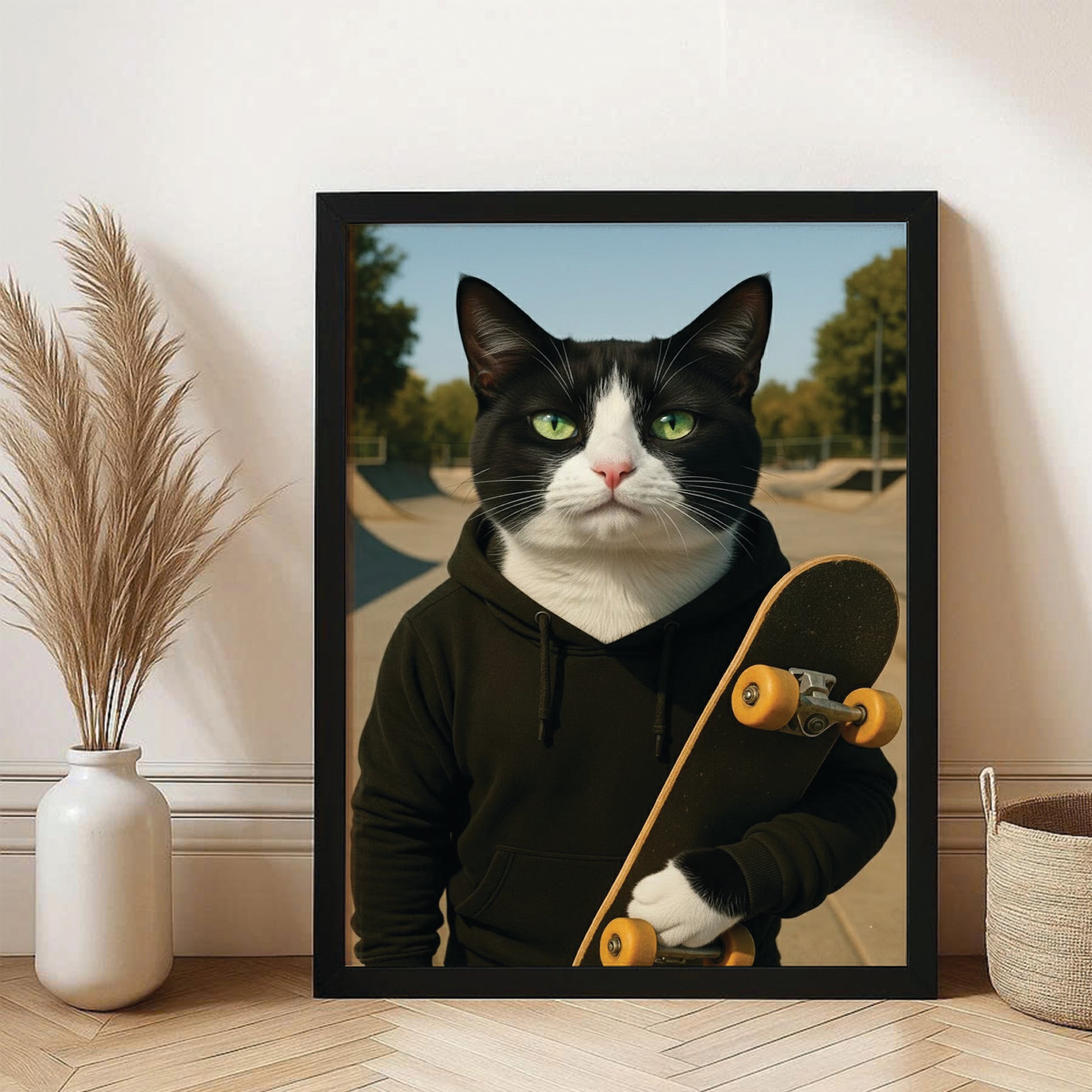 Custom Photo Skater Skateboard Canvas Framed Wall Art Gift For Cat Lovers