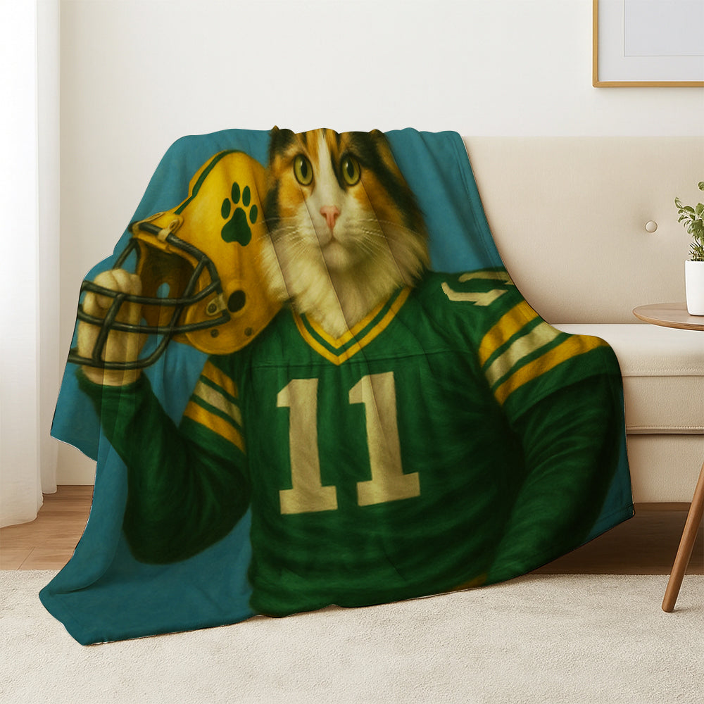 Custom Cat Photo Football Player Blanket